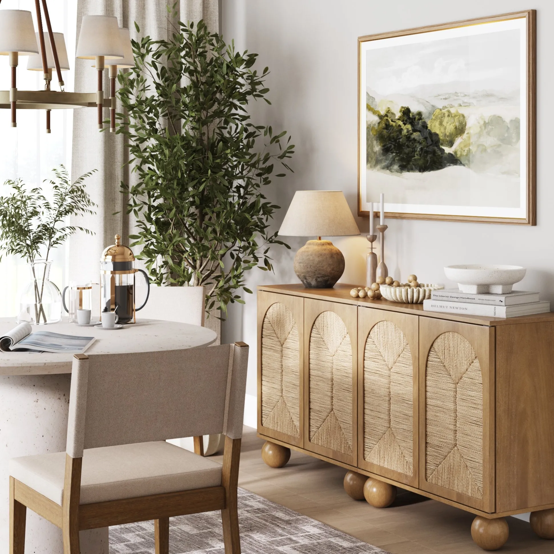 Seagrass Arched Storage Cabinet Credenza Light Brown (Set of 2)