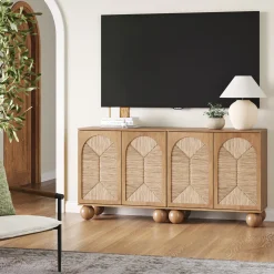 Seagrass Arched Storage Cabinet Credenza Light Brown (Set of 2)