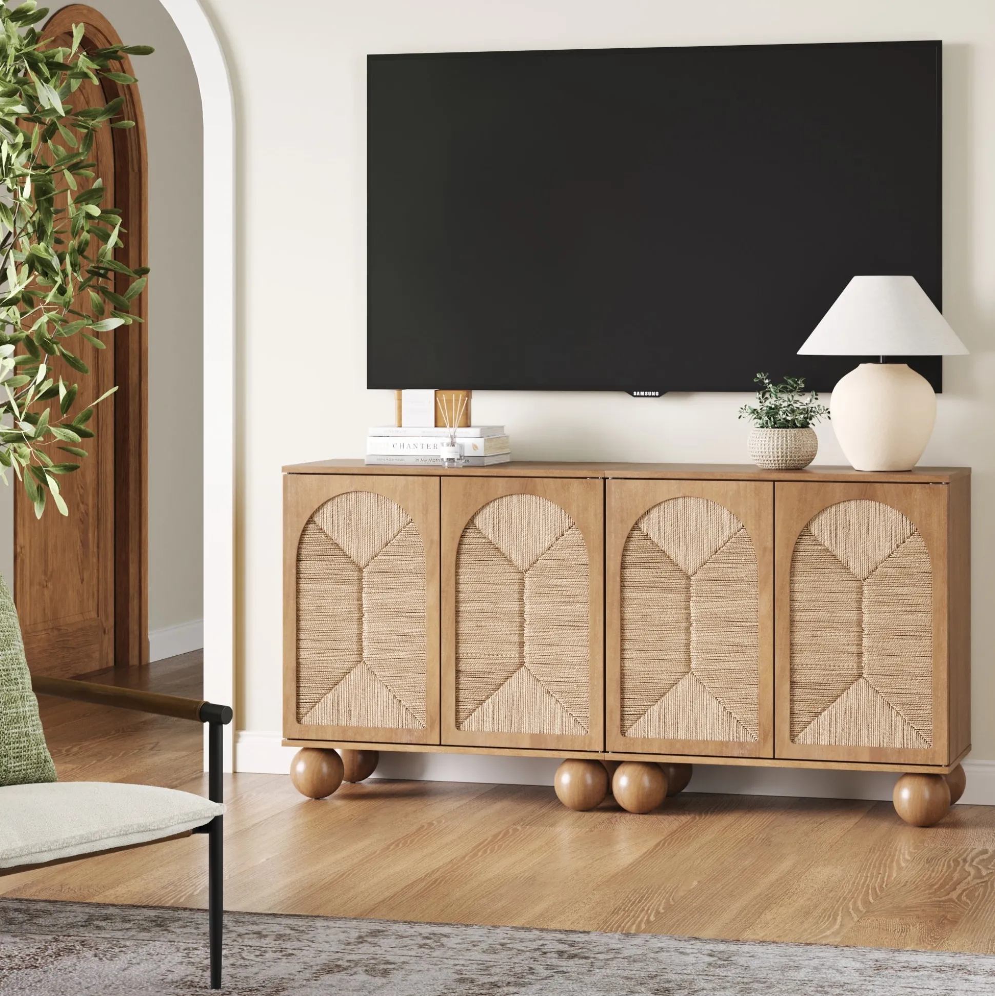 Seagrass Arched Storage Cabinet Credenza Light Brown (Set of 2)