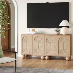 Seagrass Arched Storage Cabinet Credenza Raw Oak (Set of 2)