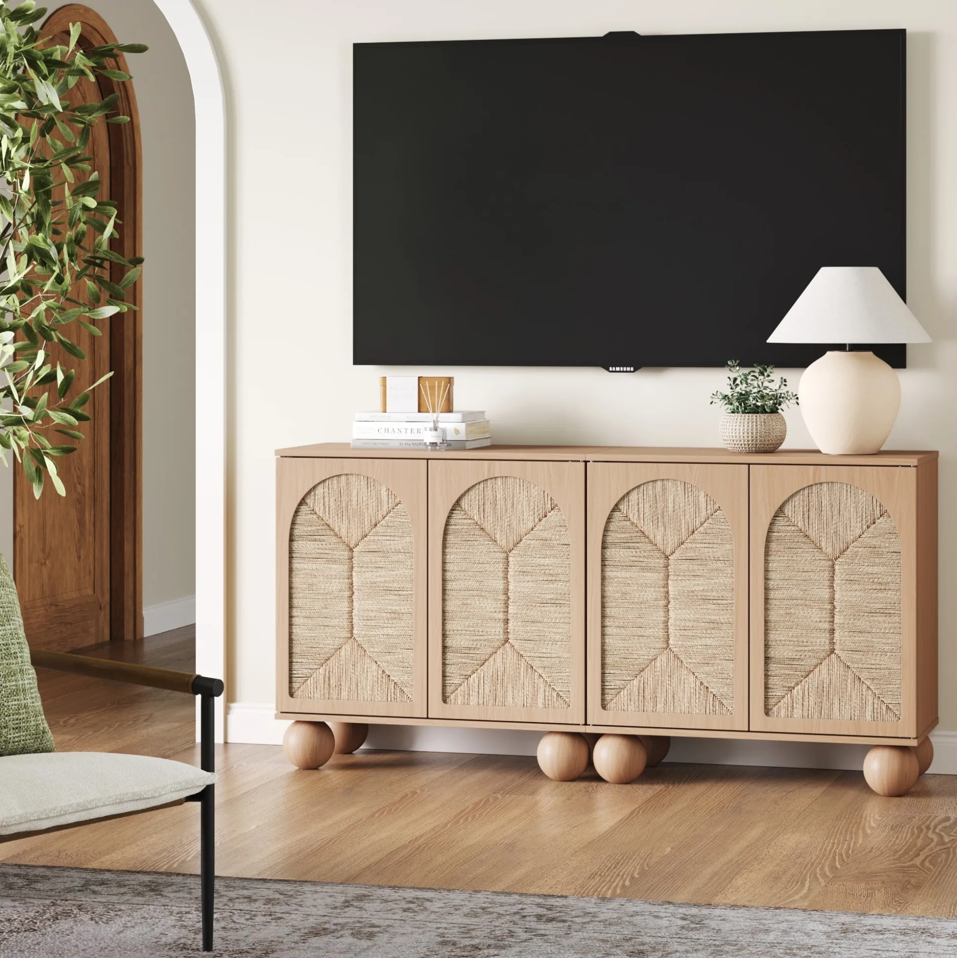Seagrass Arched Storage Cabinet Credenza Raw Oak (Set of 2)