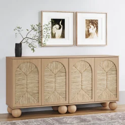 Seagrass Arched Storage Cabinet Credenza Raw Oak (Set of 2)