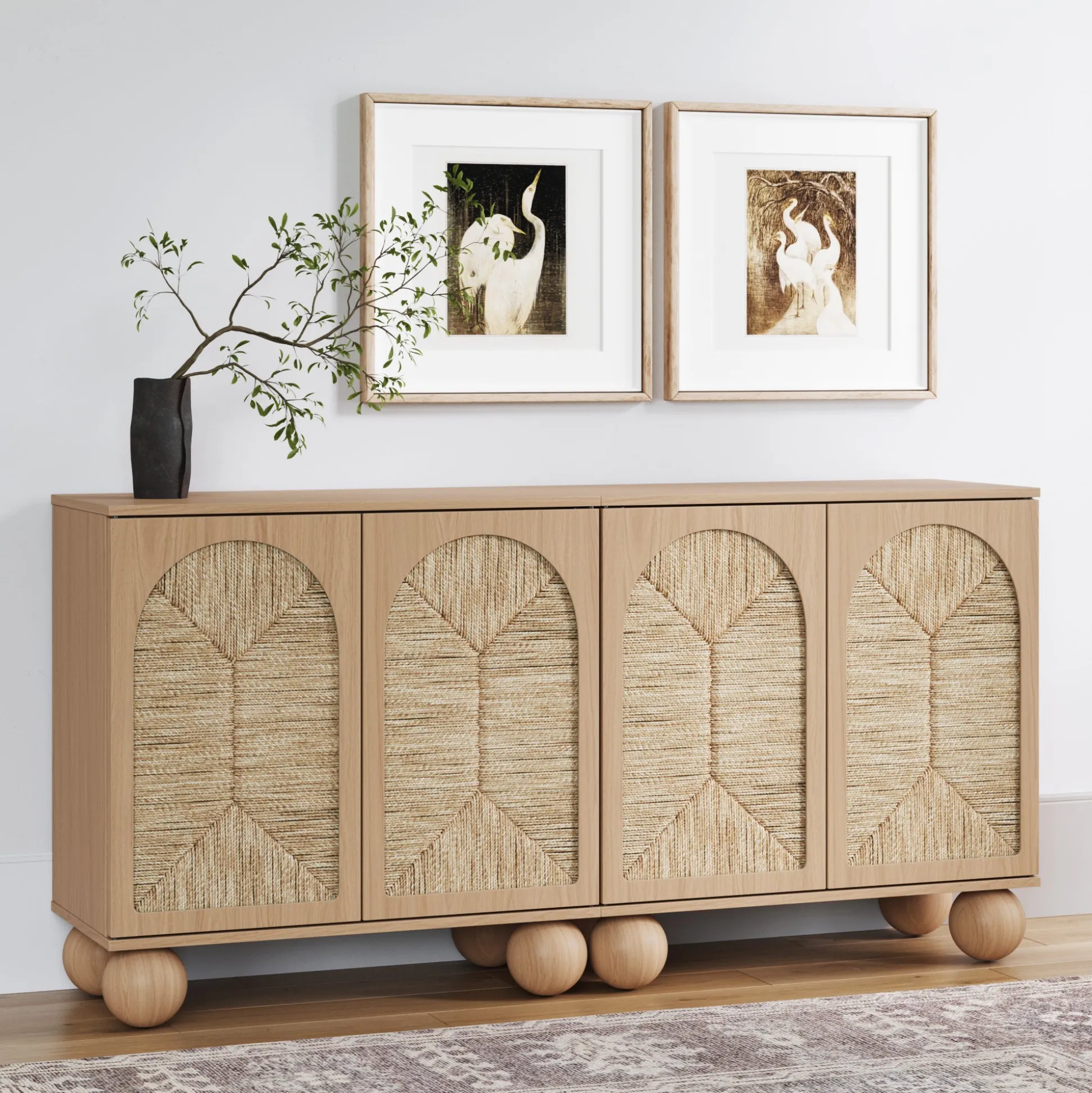 Seagrass Arched Storage Cabinet Credenza Raw Oak (Set of 2)