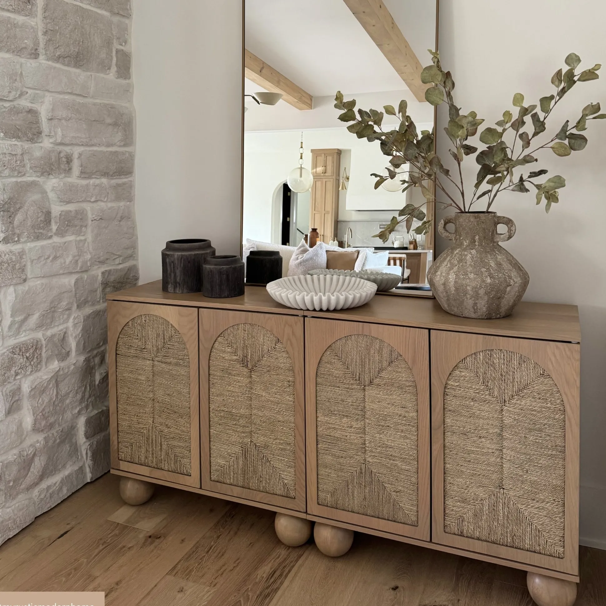 Seagrass Arched Storage Cabinet Credenza Raw Oak (Set of 2)