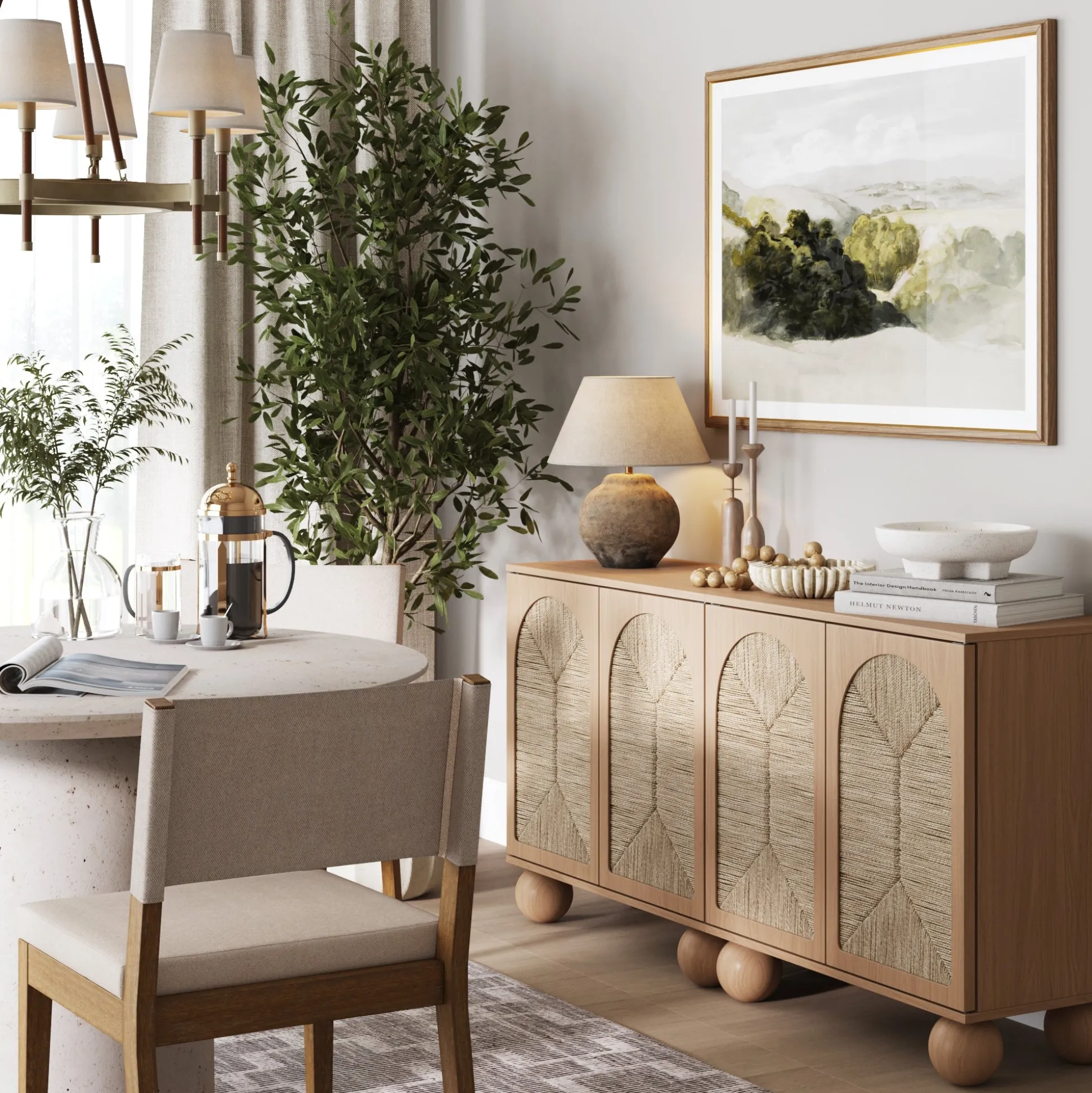 Seagrass Arched Storage Cabinet Credenza Raw Oak (Set of 2)