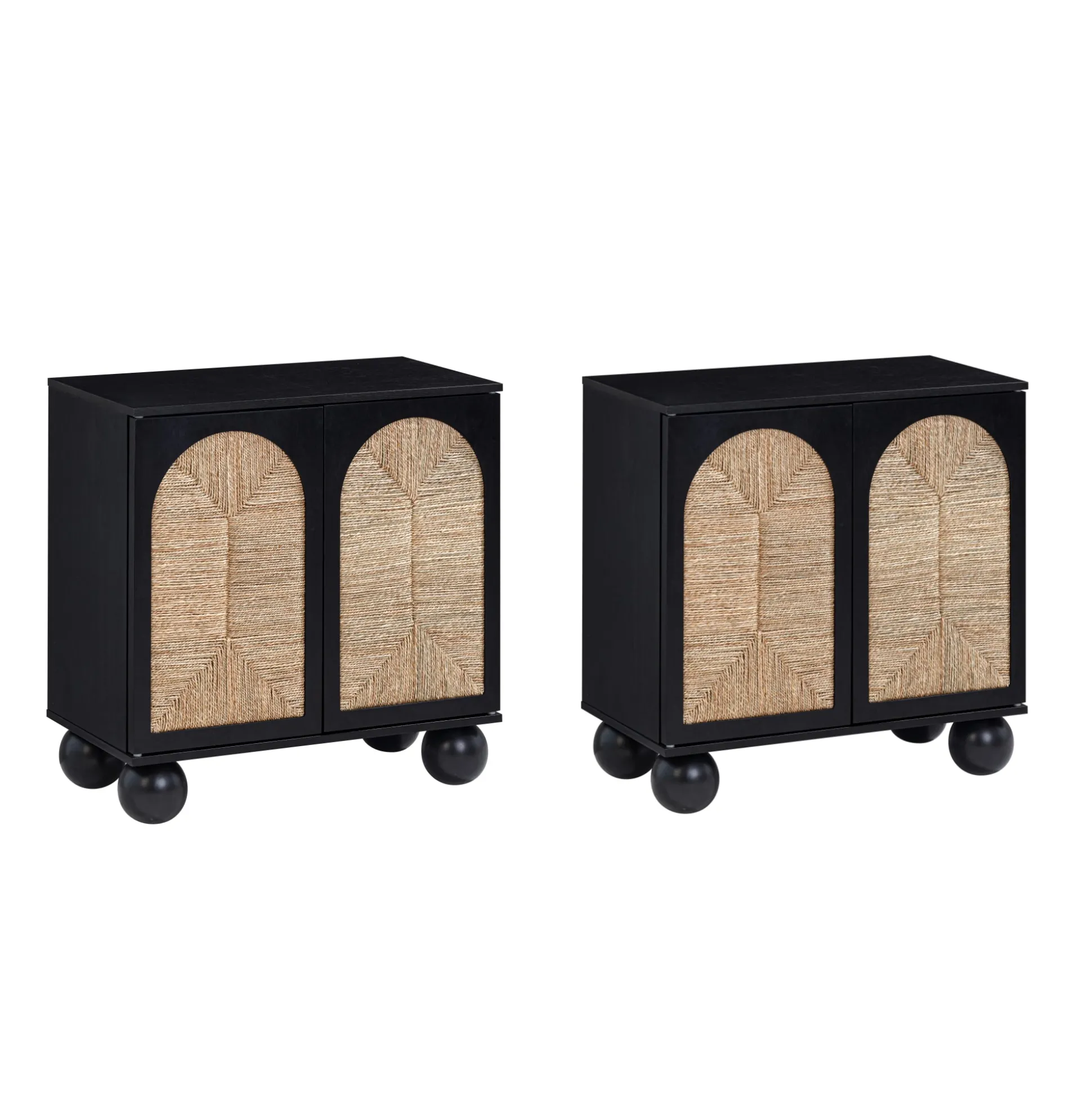 Seagrass Arched Storage Cabinet Credenza Black (Set of 2)