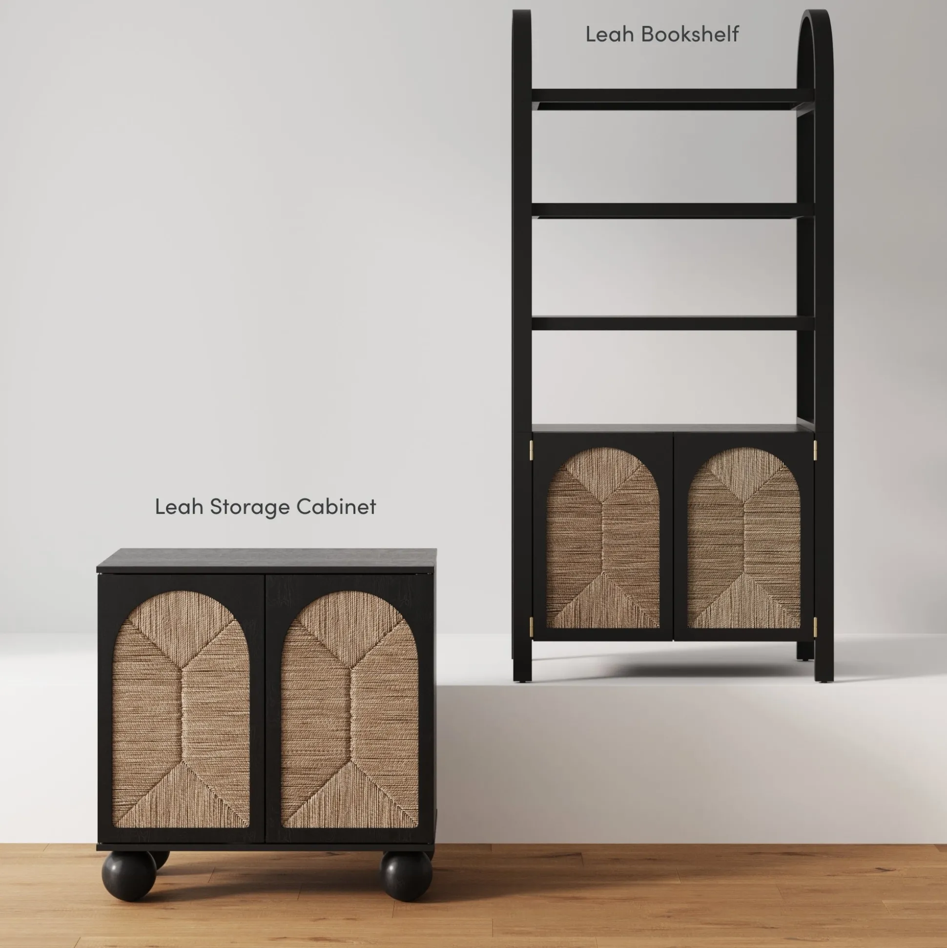 Seagrass Arched Storage Cabinet Credenza Black (Set of 2)