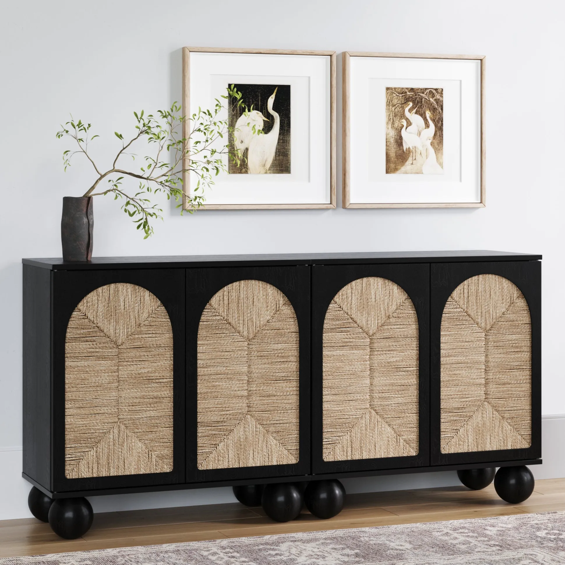 Seagrass Arched Storage Cabinet Credenza Black (Set of 2)