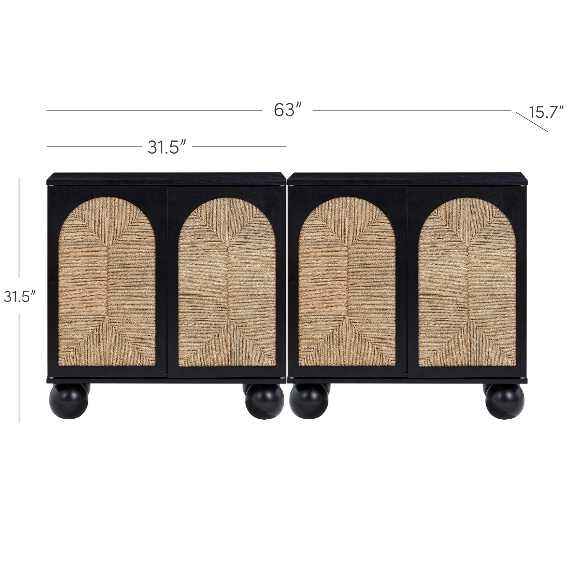 Seagrass Arched Storage Cabinet Credenza Black (Set of 2)
