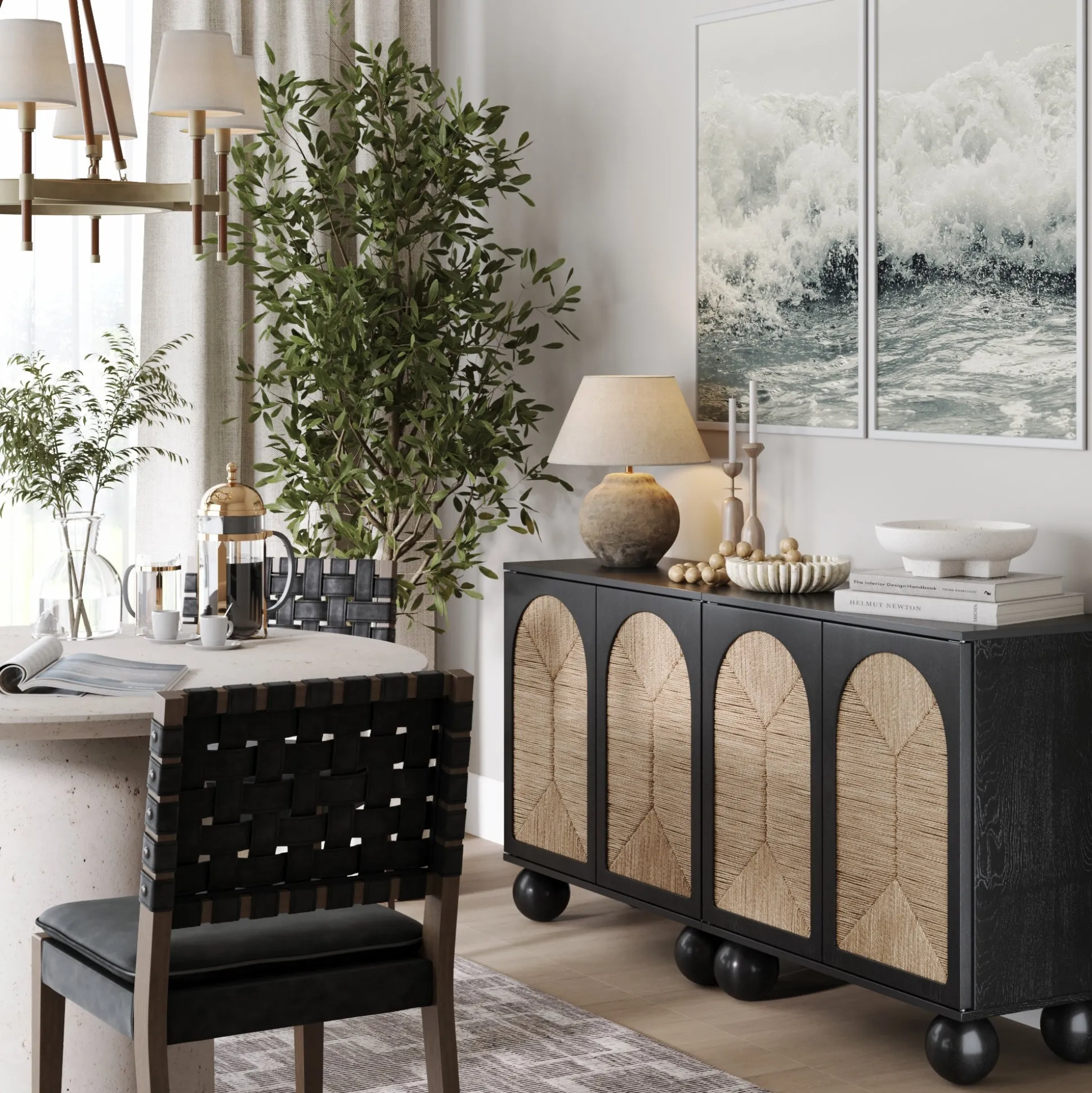 Seagrass Arched Storage Cabinet Credenza Black (Set of 2)
