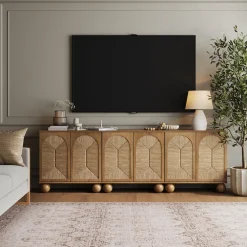 Seagrass Arched Storage Cabinet Credenza Light Brown (Set of 3)