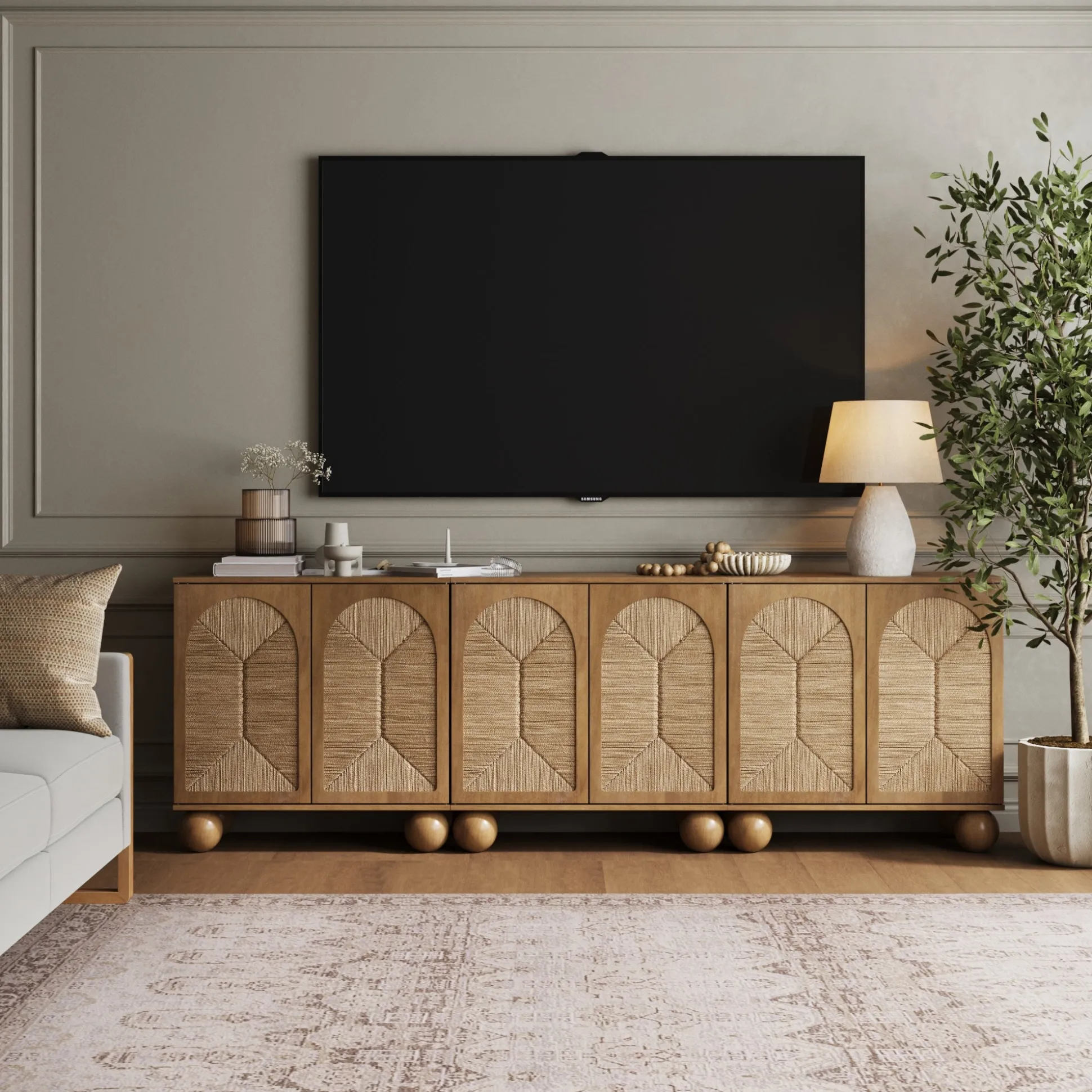 Seagrass Arched Storage Cabinet Credenza Light Brown (Set of 3)