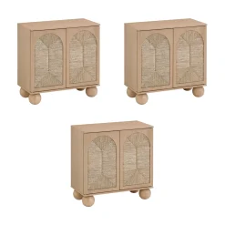 Seagrass Arched Storage Cabinet Credenza Raw Oak (Set of 3)