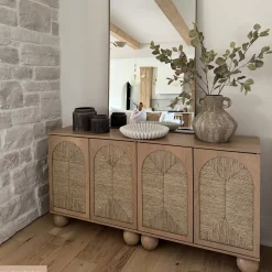 Seagrass Arched Storage Cabinet Credenza Raw Oak (Set of 3)