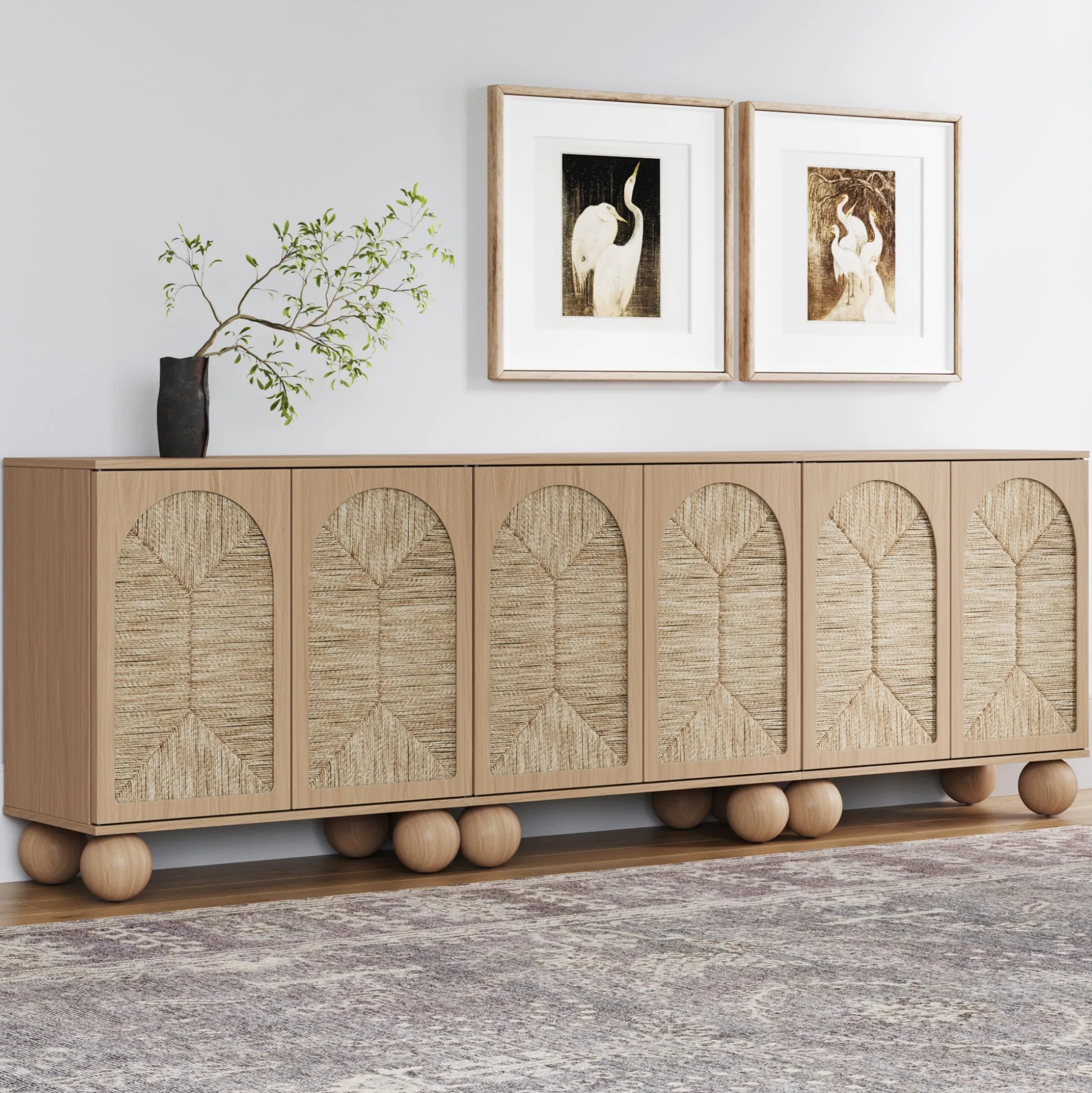 Seagrass Arched Storage Cabinet Credenza Raw Oak (Set of 3)