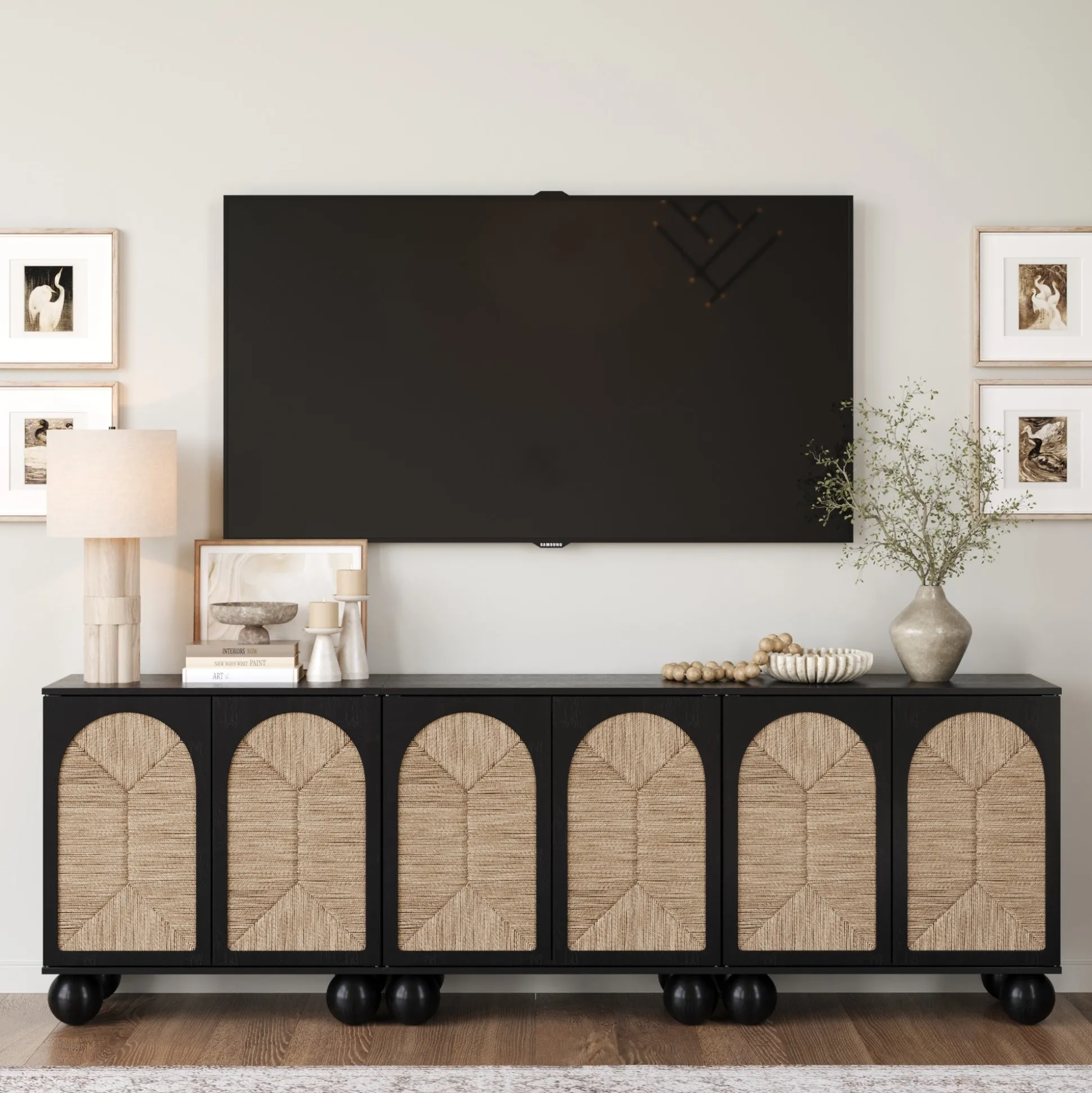 Seagrass Arched Storage Cabinet Credenza Black (Set of 3)