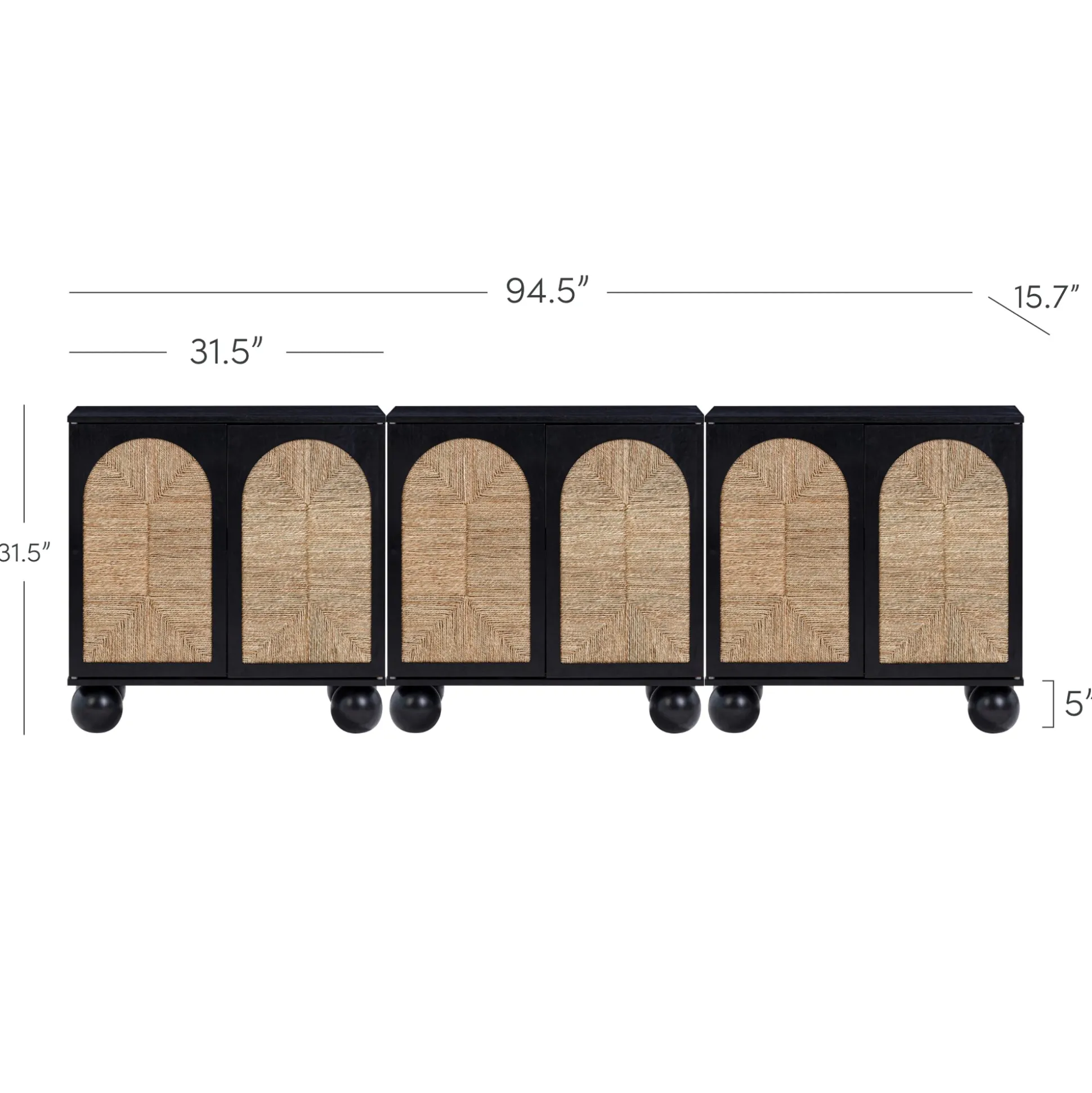 Seagrass Arched Storage Cabinet Credenza Black (Set of 3)