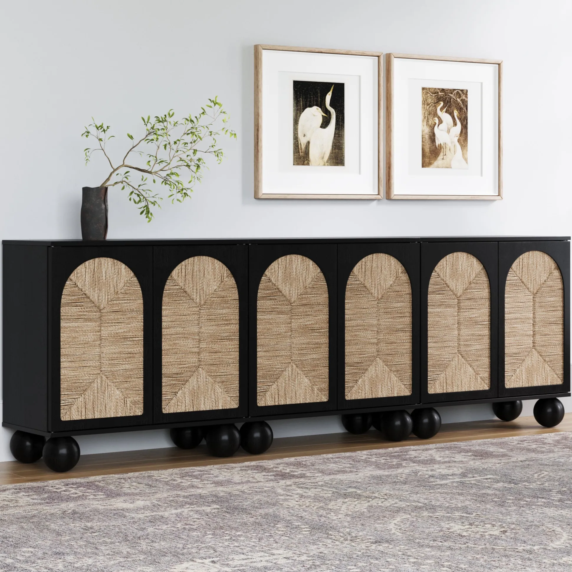 Seagrass Arched Storage Cabinet Credenza Black (Set of 3)
