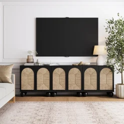 Seagrass Arched Storage Cabinet Credenza Black (Set of 3)