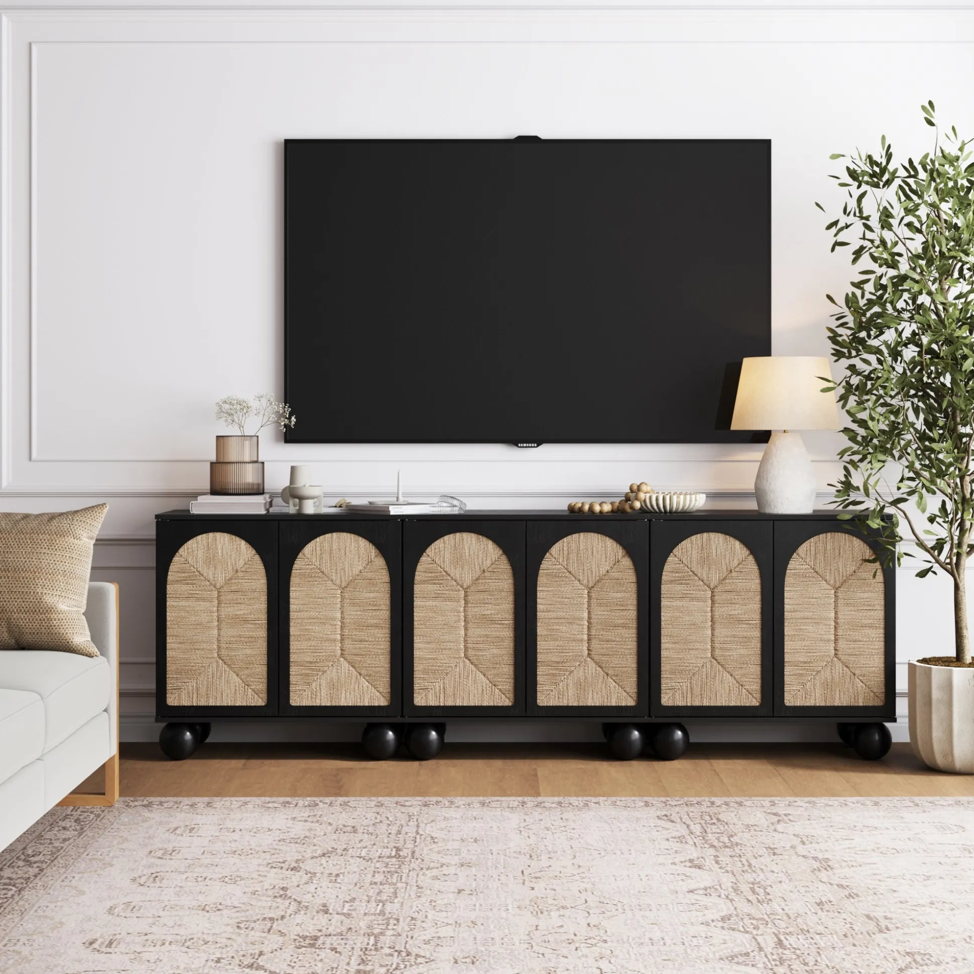 Seagrass Arched Storage Cabinet Credenza Black (Set of 3)