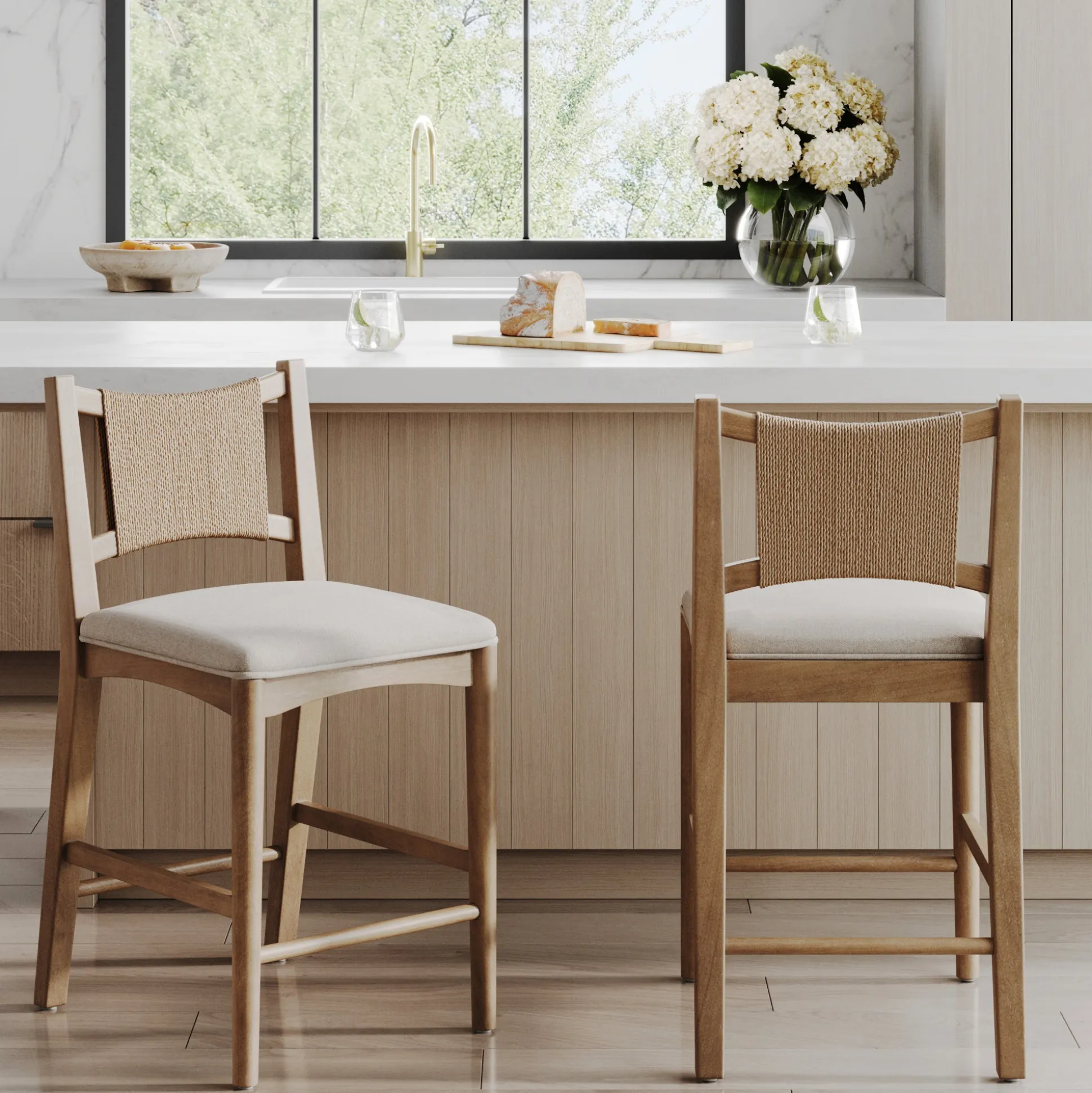 Seagrass Back Arched Footrest Counter Height Bar Stool (Set of 2)