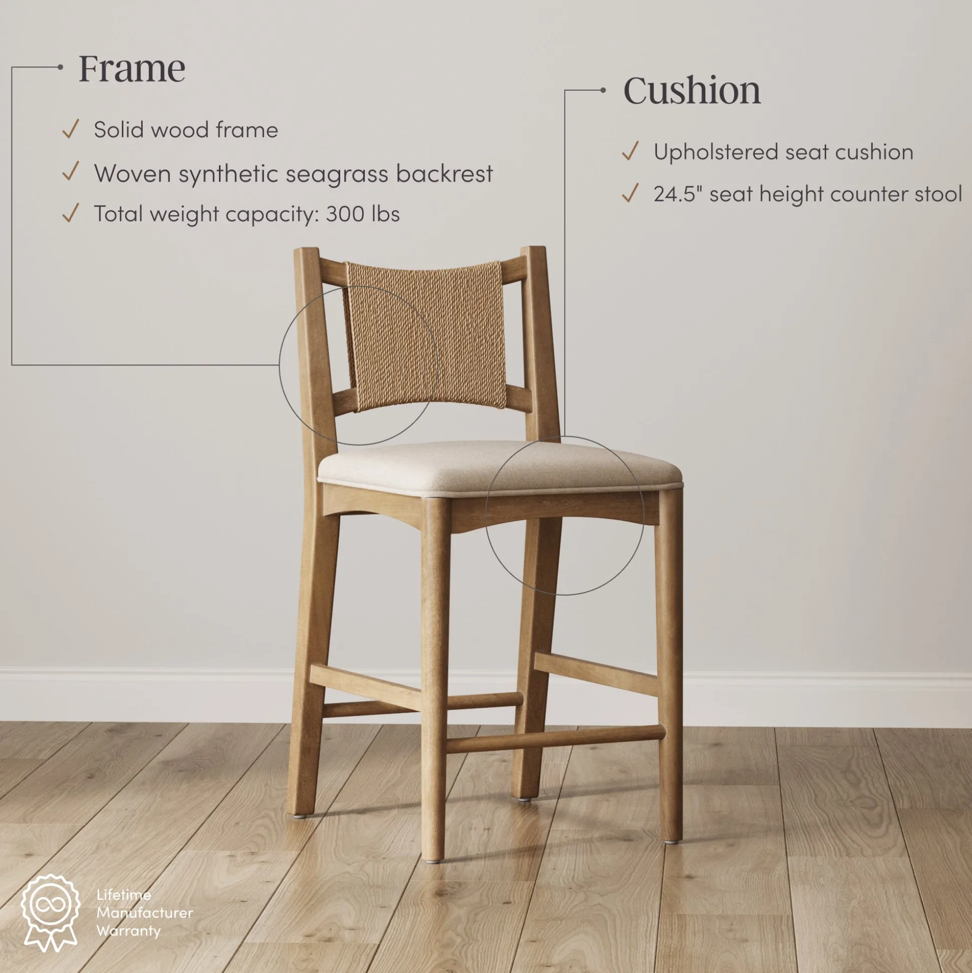 Seagrass Back Arched Footrest Counter Height Bar Stool (Set of 2)