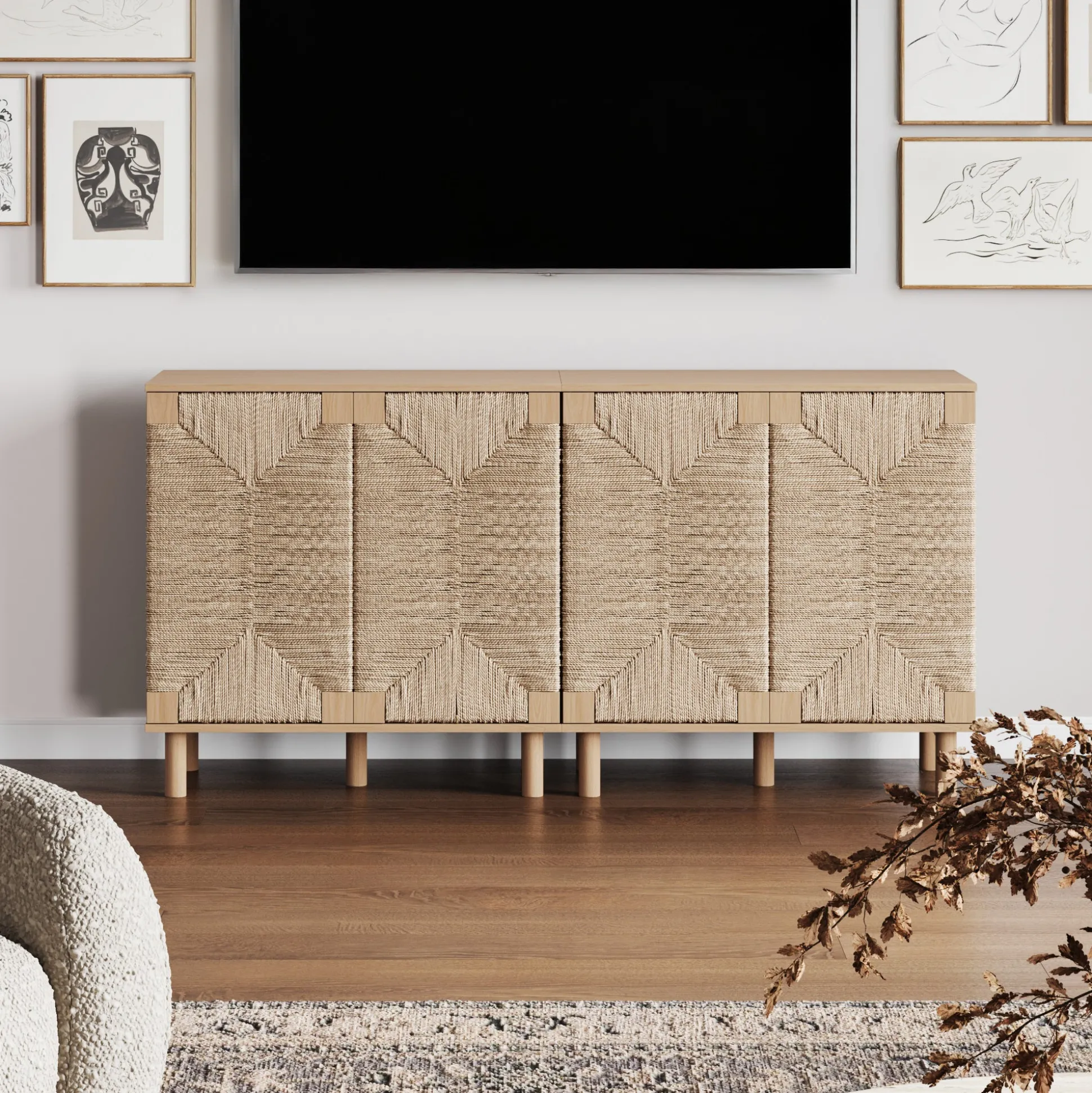 Seagrass Storage Cabinet Credenza Raw Oak (Set of 2)