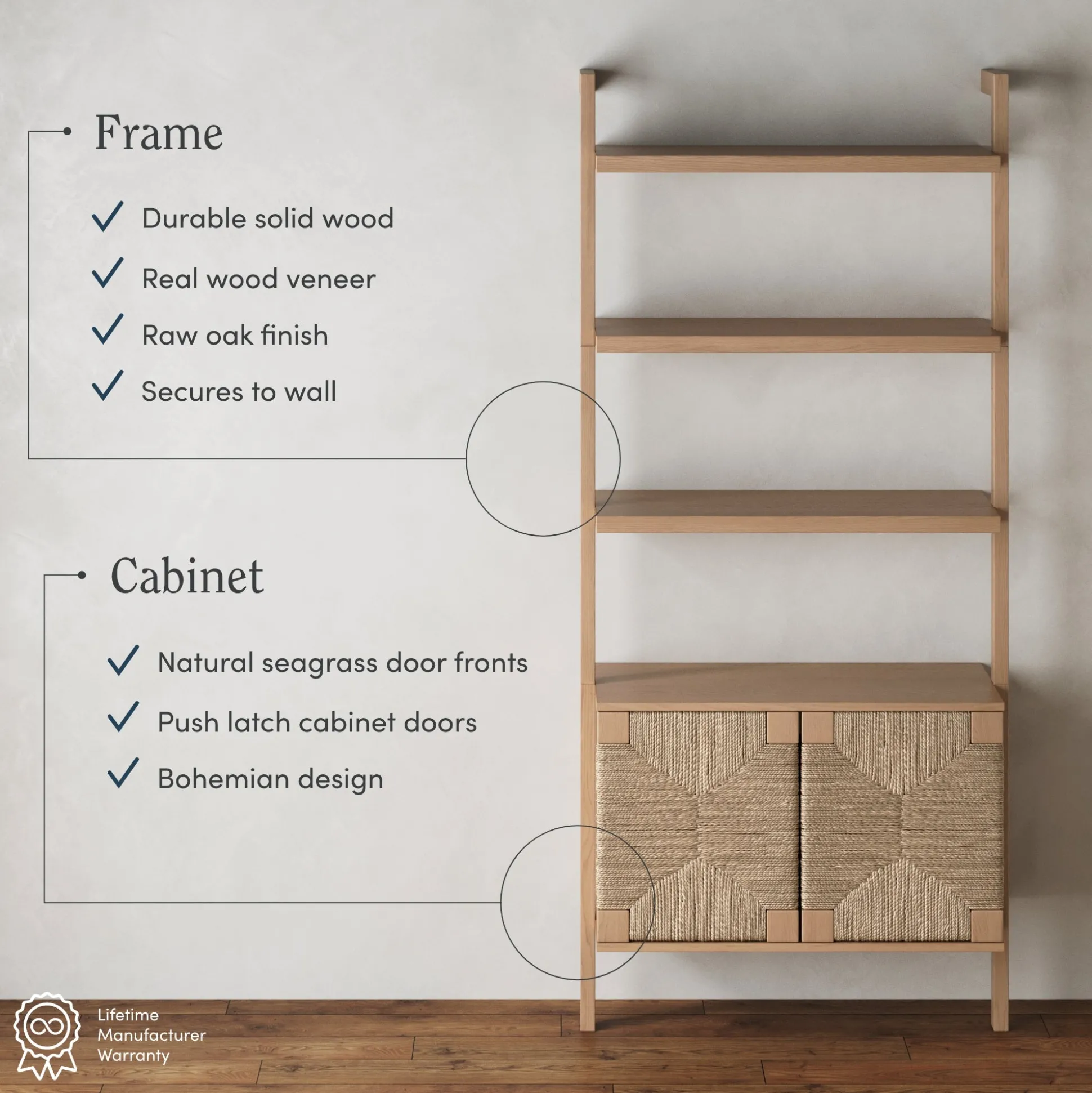 Seagrass Wall Bookshelf with Doors Raw Oak (Set of 2)