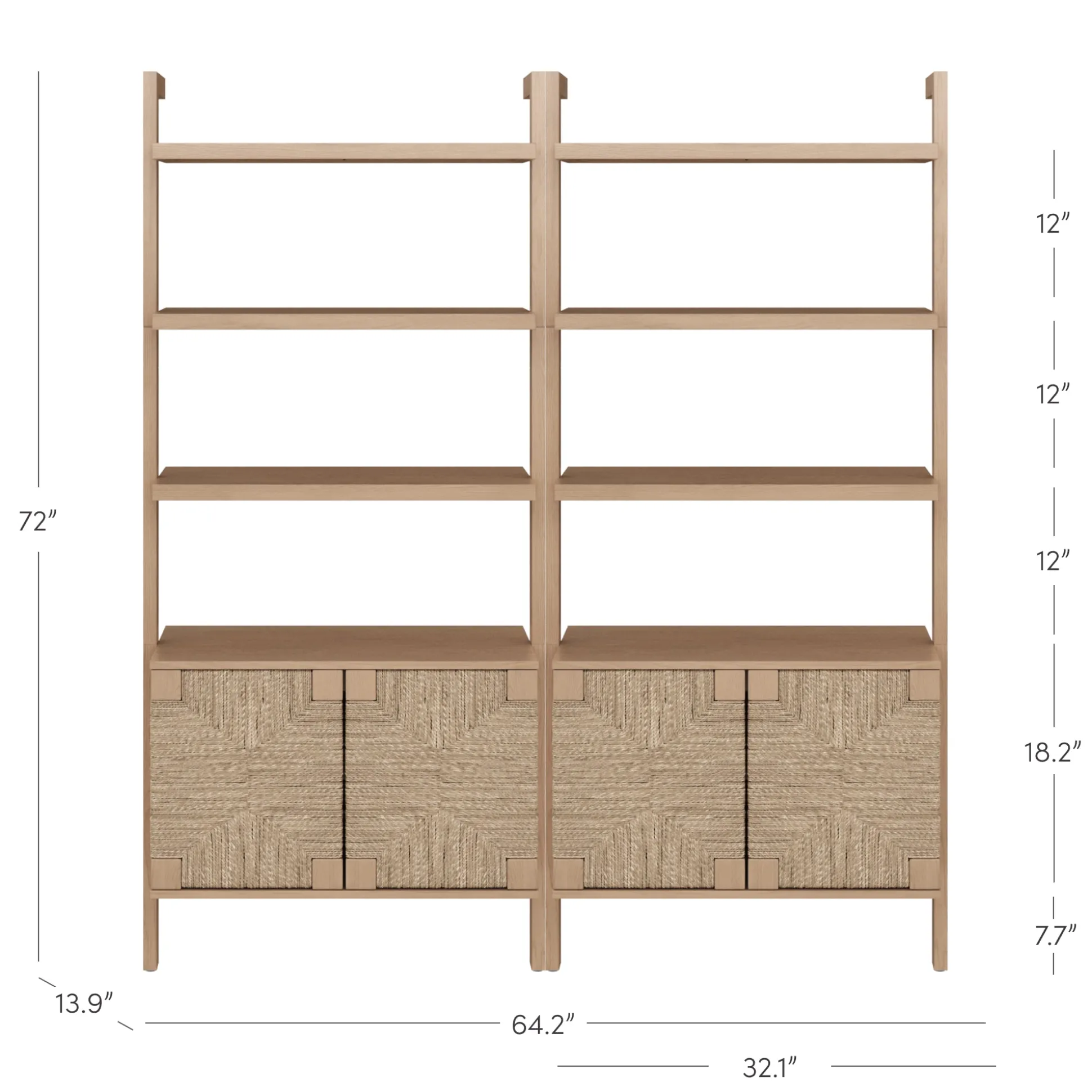 Seagrass Wall Bookshelf with Doors Raw Oak (Set of 2)