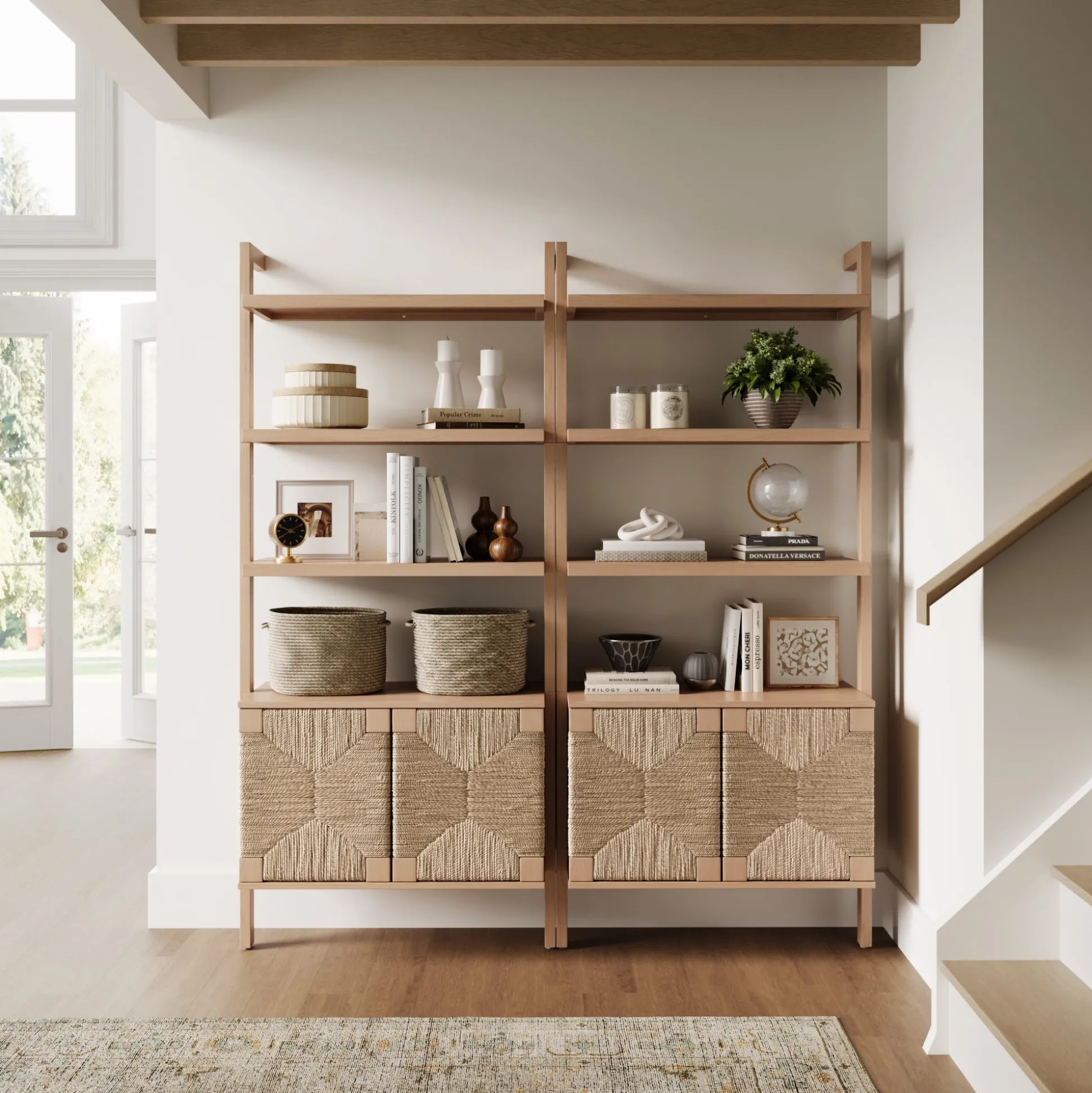 Seagrass Wall Bookshelf with Doors Raw Oak (Set of 2)