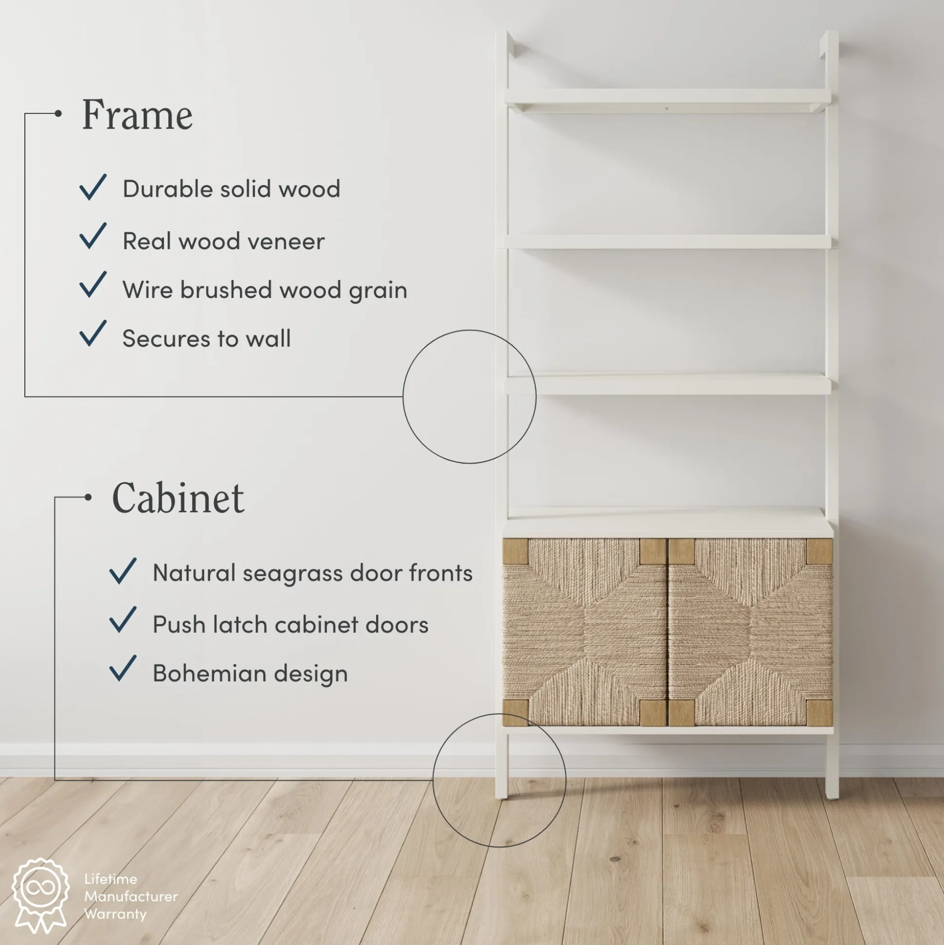 Seagrass Wall Bookshelf with Doors White
