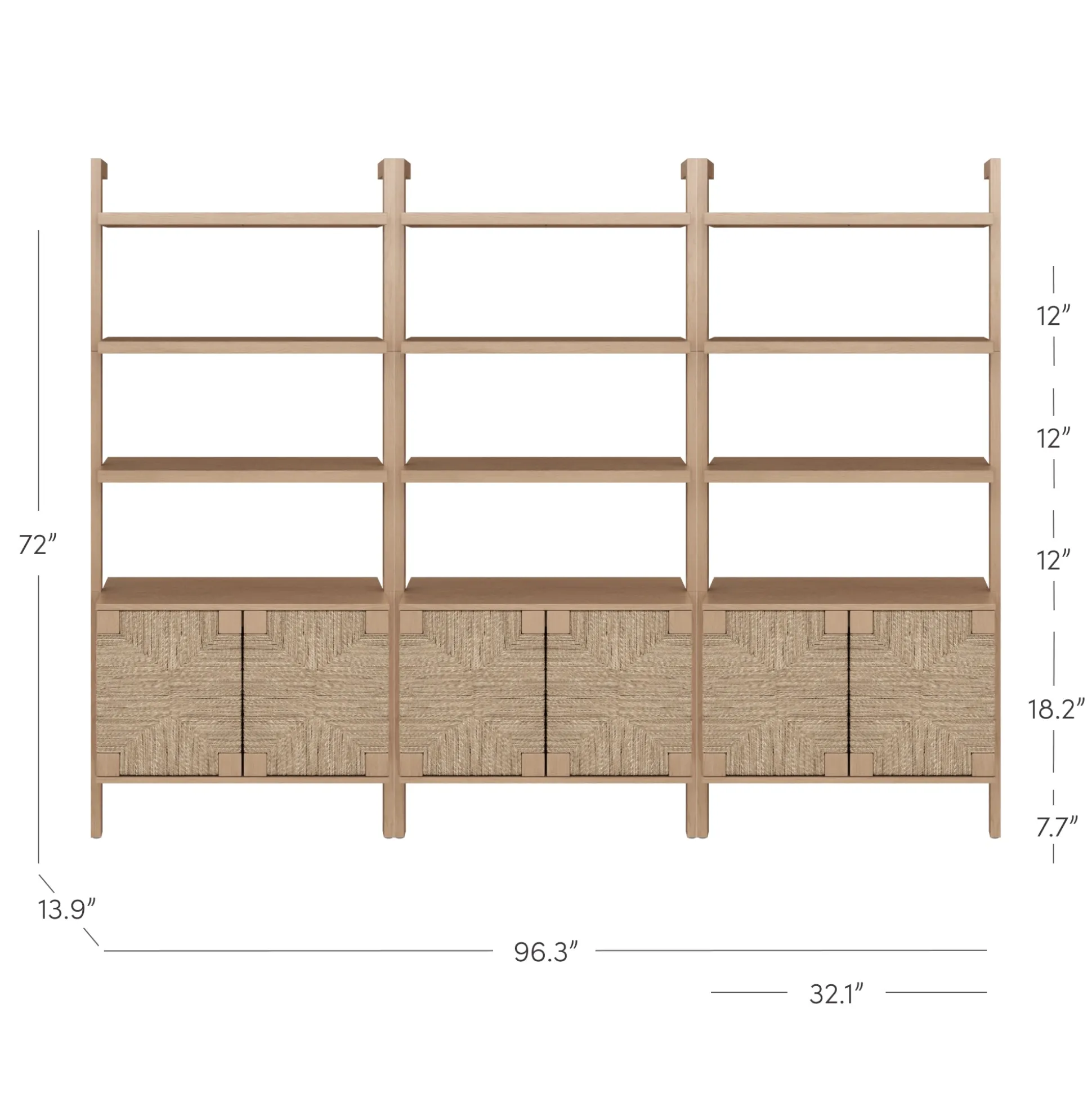 Seagrass Wall Bookshelf with Doors Raw Oak (Set of 3)