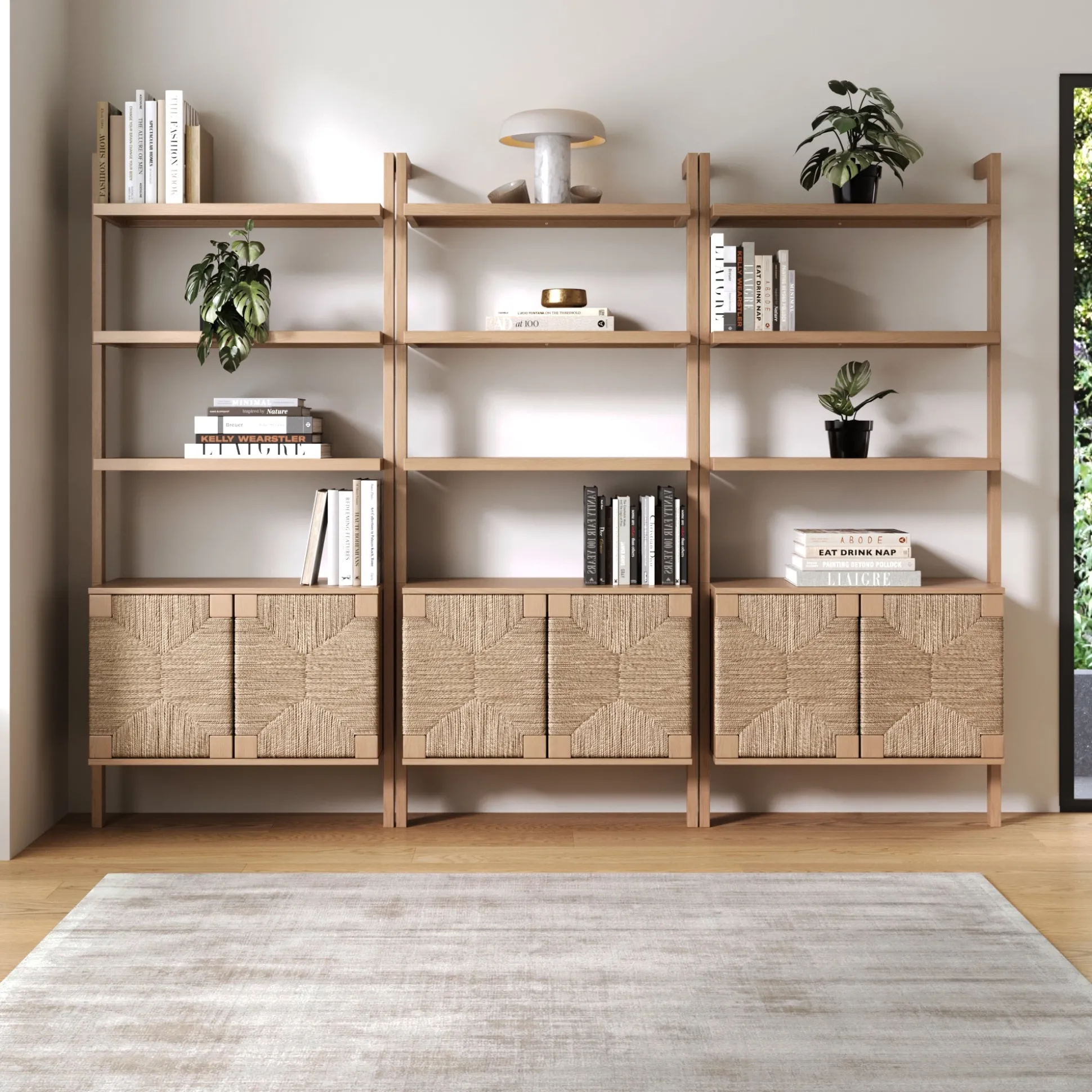 Seagrass Wall Bookshelf with Doors Raw Oak (Set of 3)