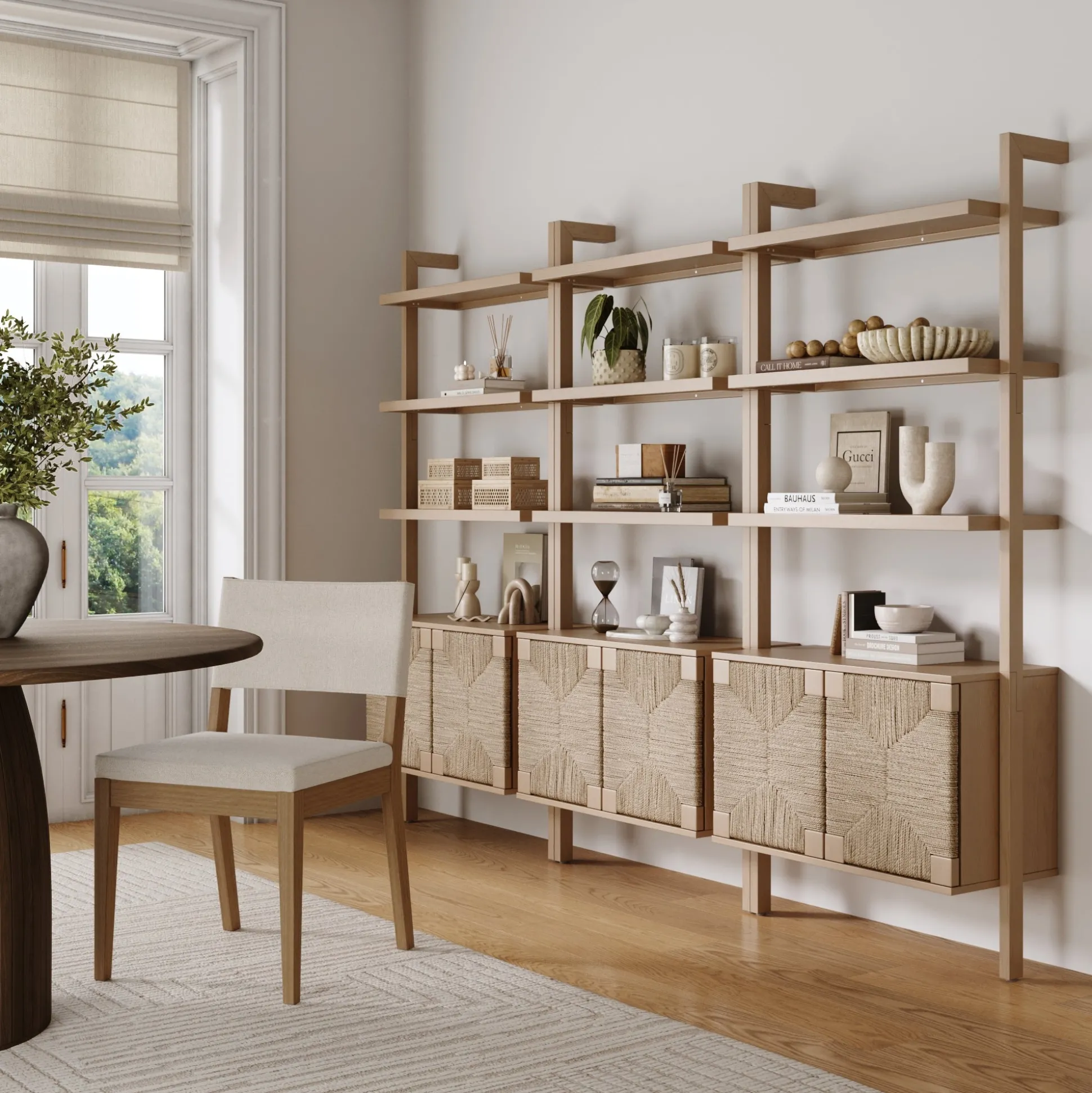 Seagrass Wall Bookshelf with Doors Raw Oak (Set of 3)