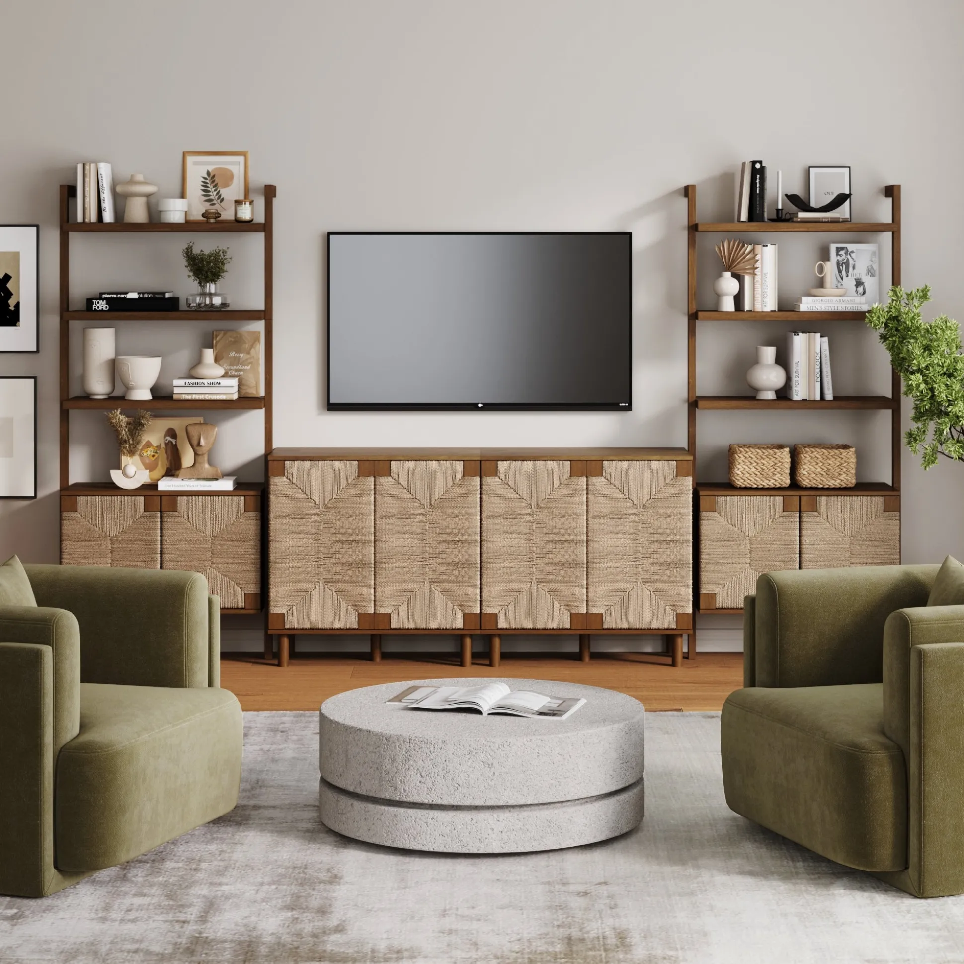 Seagrass Wall Bookshelf with Doors Dark Brown