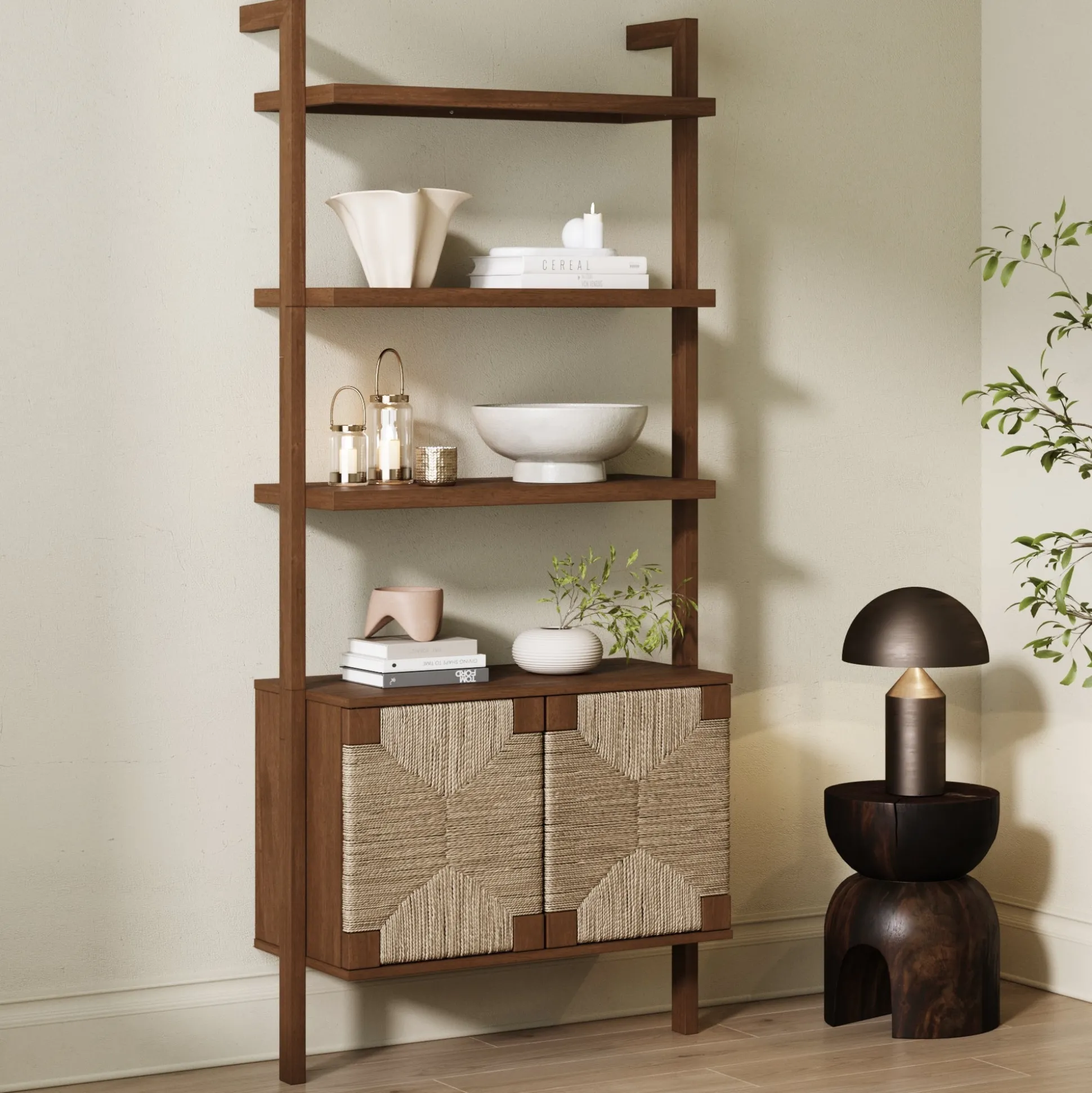 Seagrass Wall Bookshelf with Doors Dark Brown
