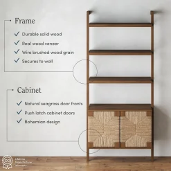 Seagrass Wall Bookshelf with Doors Dark Brown