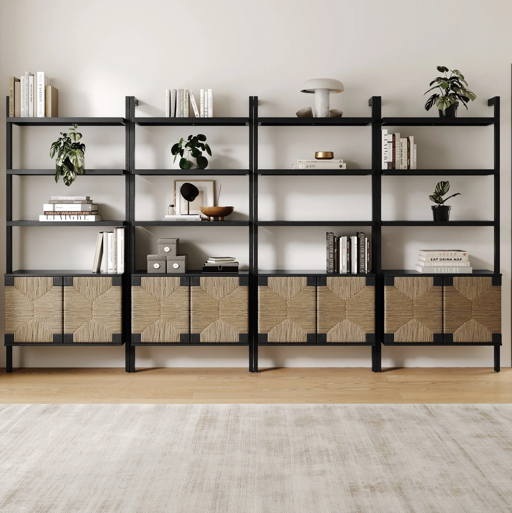 Seagrass Wall Bookshelves with Doors Black (Set of 4)