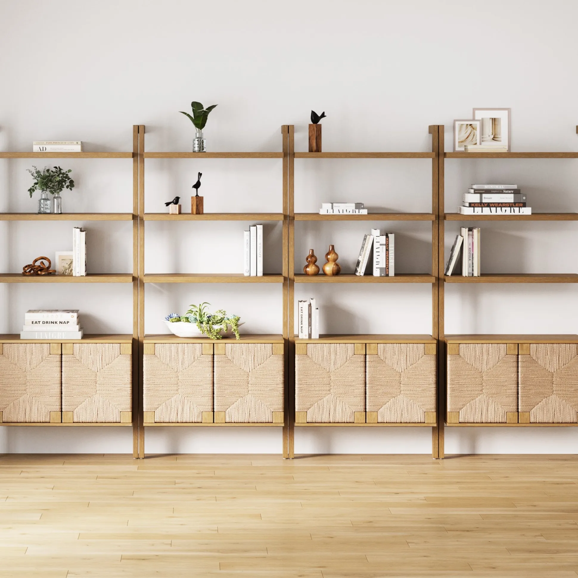 Seagrass Wall Bookshelves with Doors Light Brown (Set of 4)