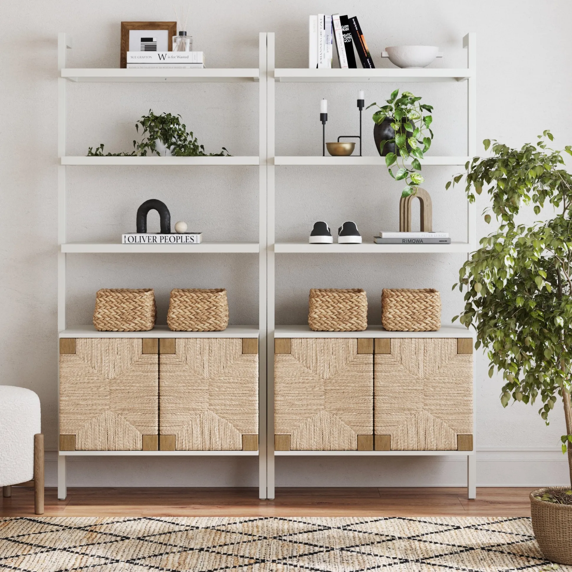 Seagrass Wall Bookshelves with Doors White (Set of 2)
