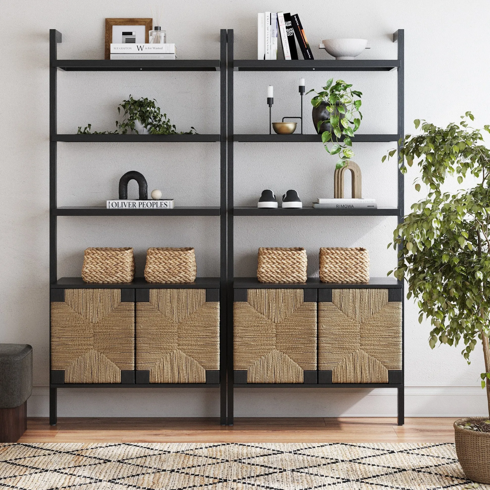 Seagrass Wall Bookshelves with Doors Black (Set of 2)