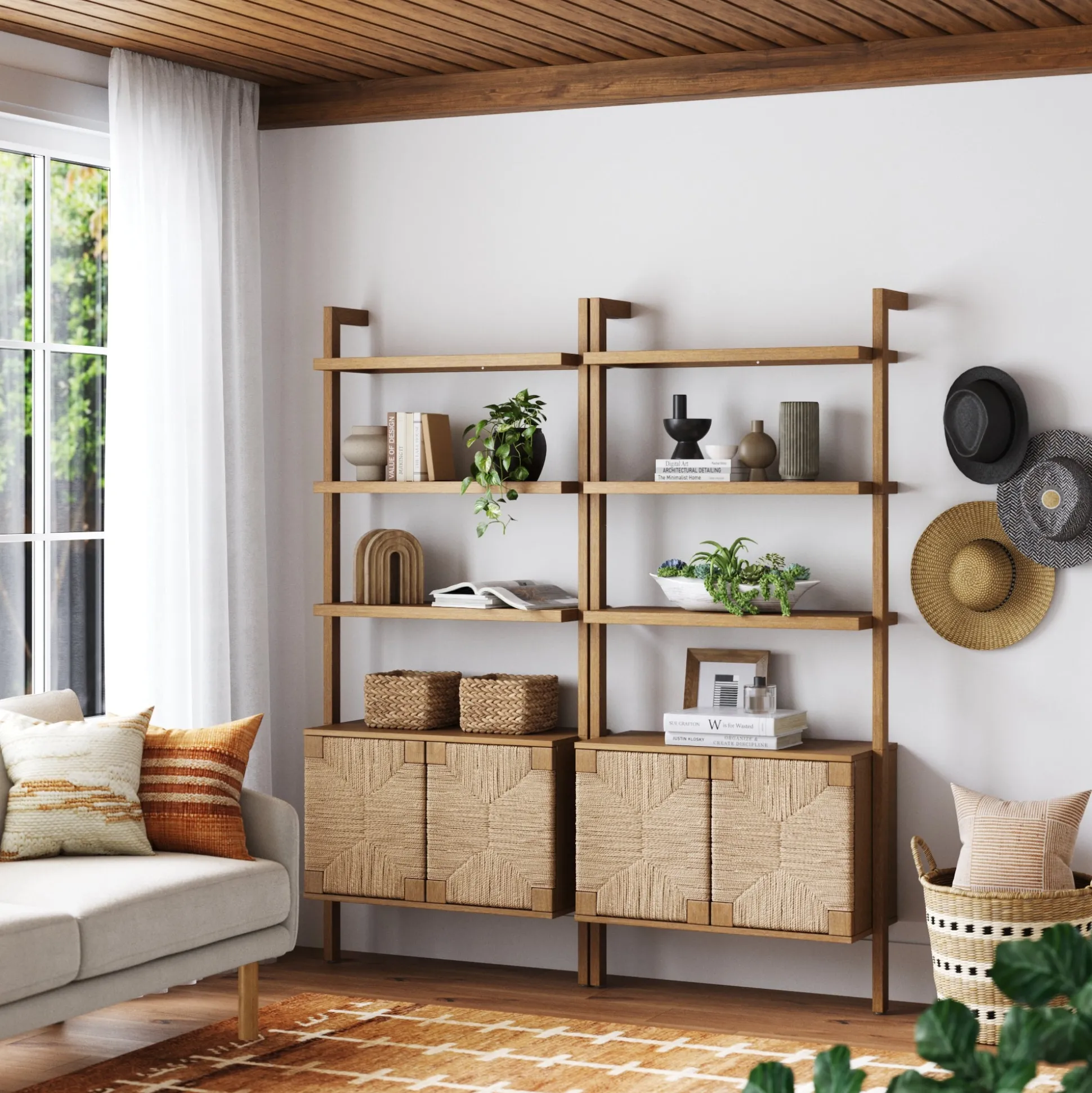Seagrass Wall Bookshelves with Doors Light Brown (Set of 2)