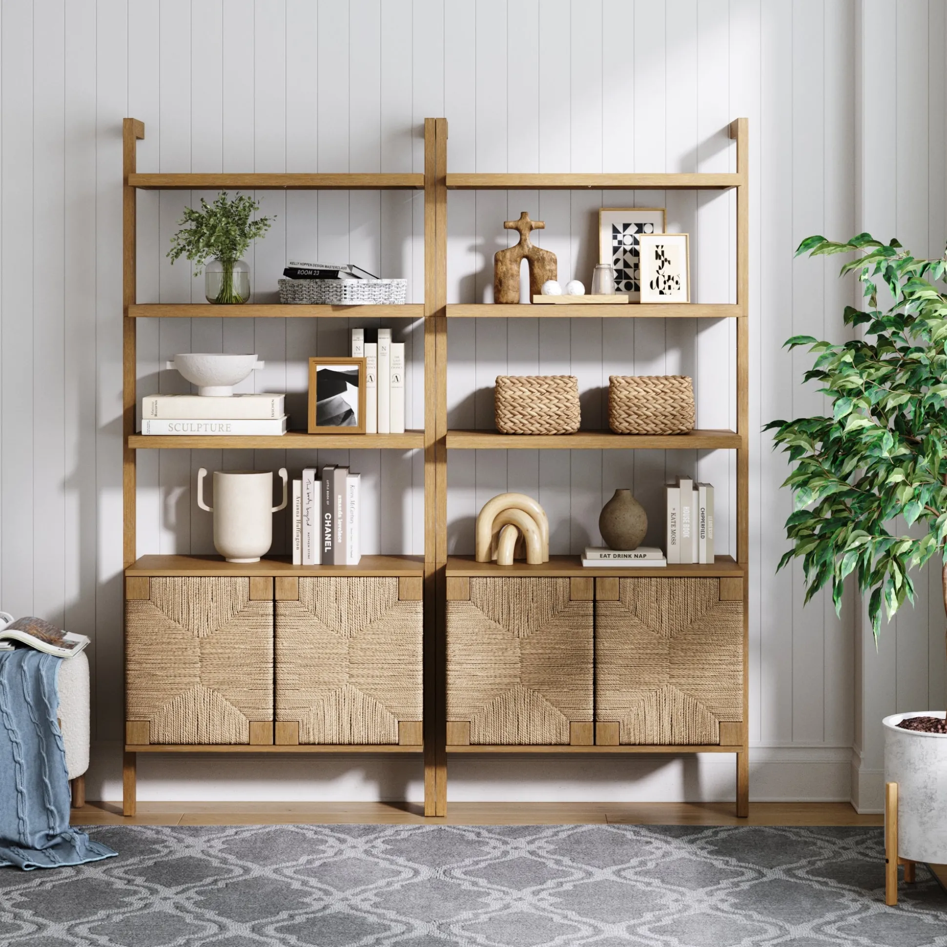 Seagrass Wall Bookshelves with Doors Light Brown (Set of 2)
