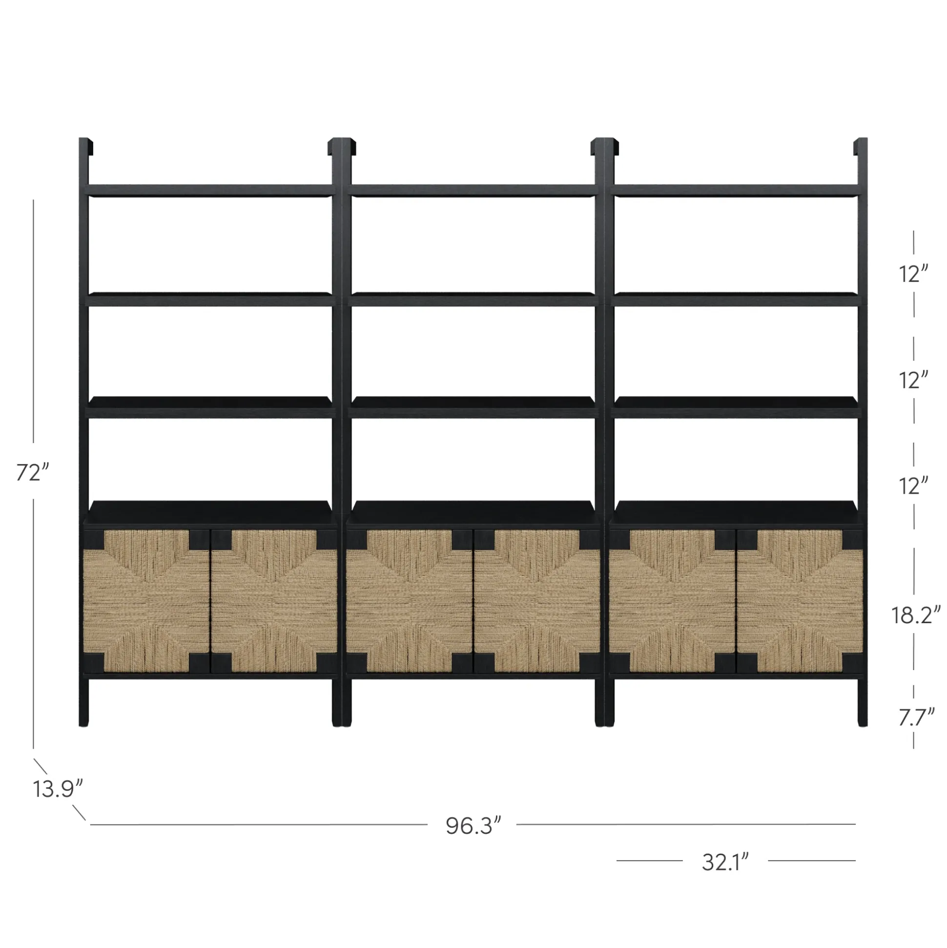 Seagrass Wall Bookshelves with Doors Black (Set of 3)