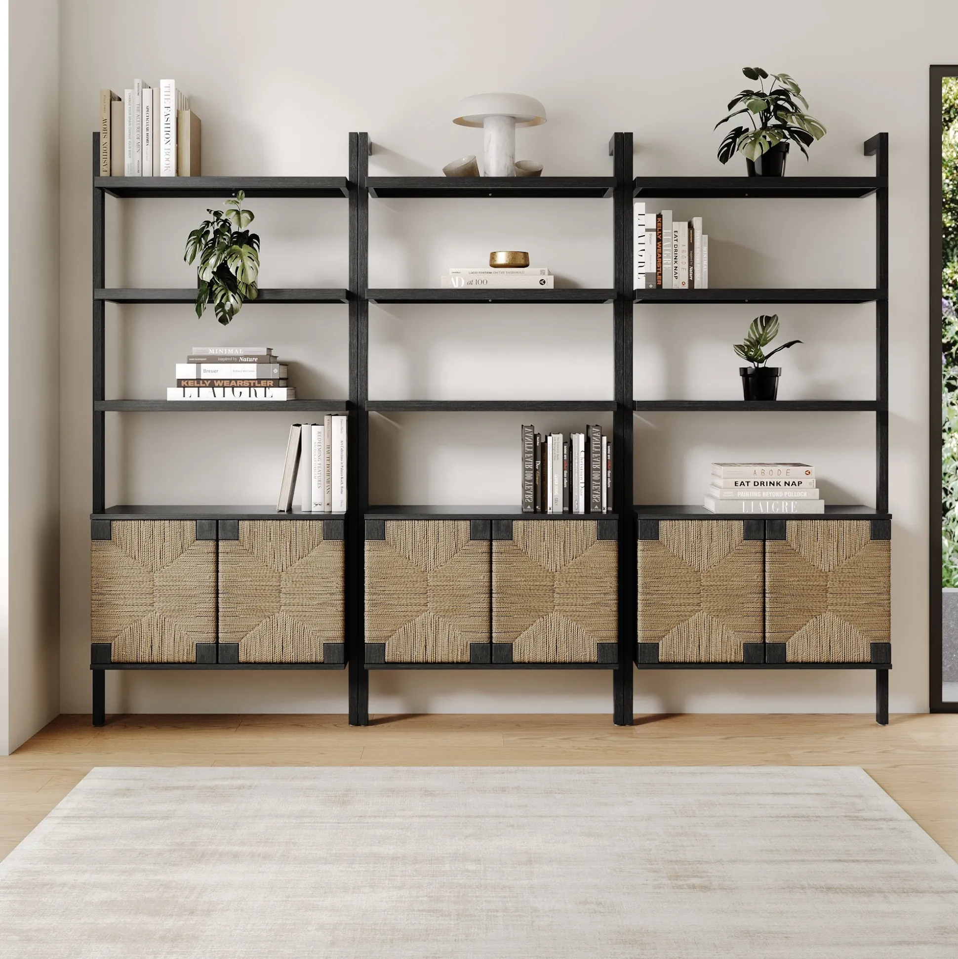 Seagrass Wall Bookshelves with Doors Black (Set of 3)