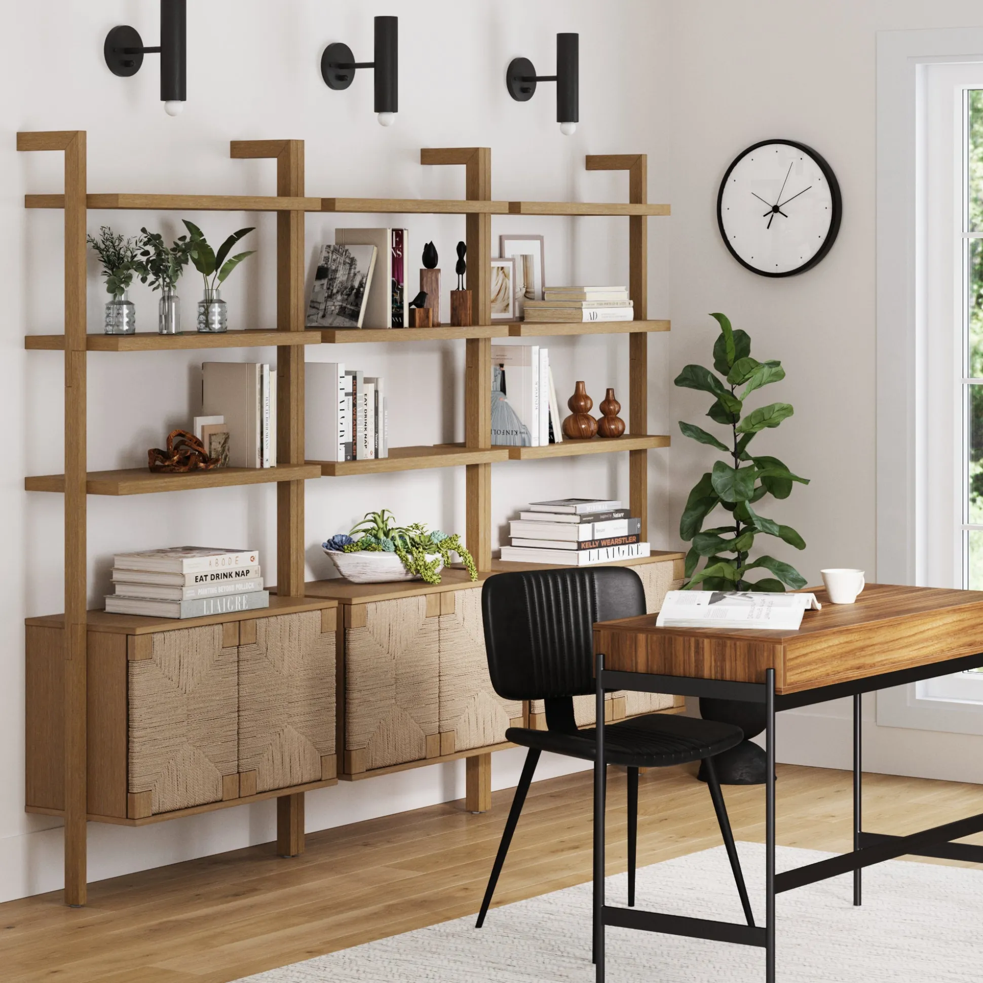 Seagrass Wall Bookshelves with Doors Light Brown (Set of 3)
