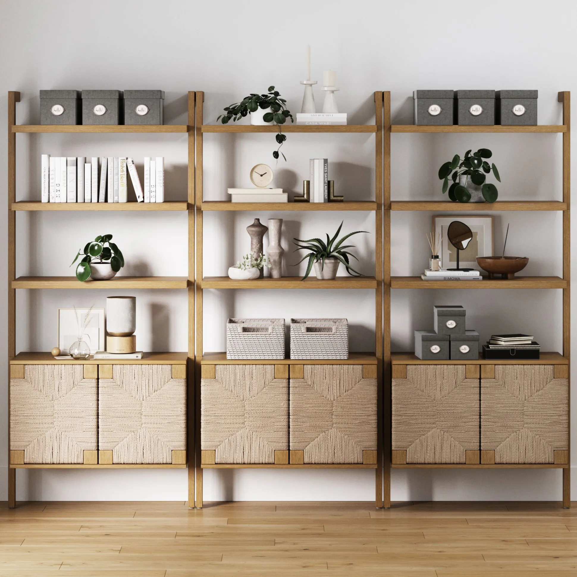 Seagrass Wall Bookshelves with Doors Light Brown (Set of 3)