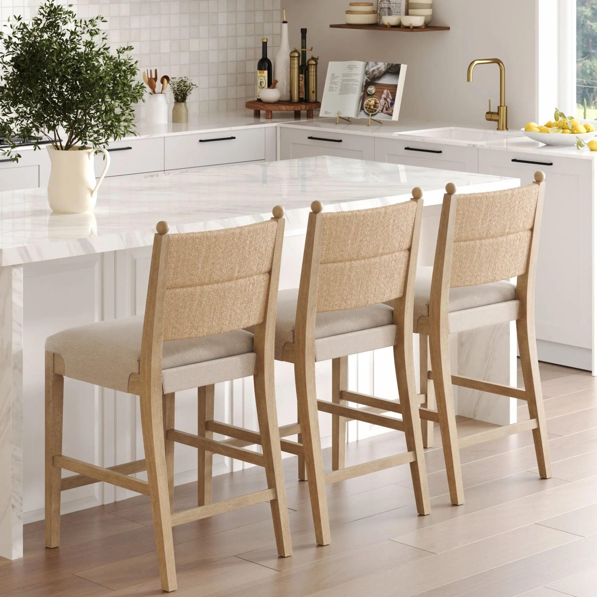 Seagrass & Wood Counter Height Bar Stool Light Brown (Set of 3)