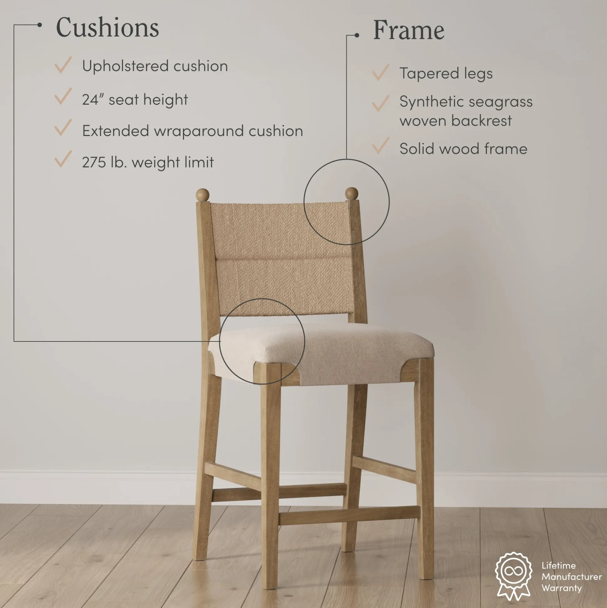 Seagrass & Wood Counter Height Bar Stool Light Brown (Set of 2)