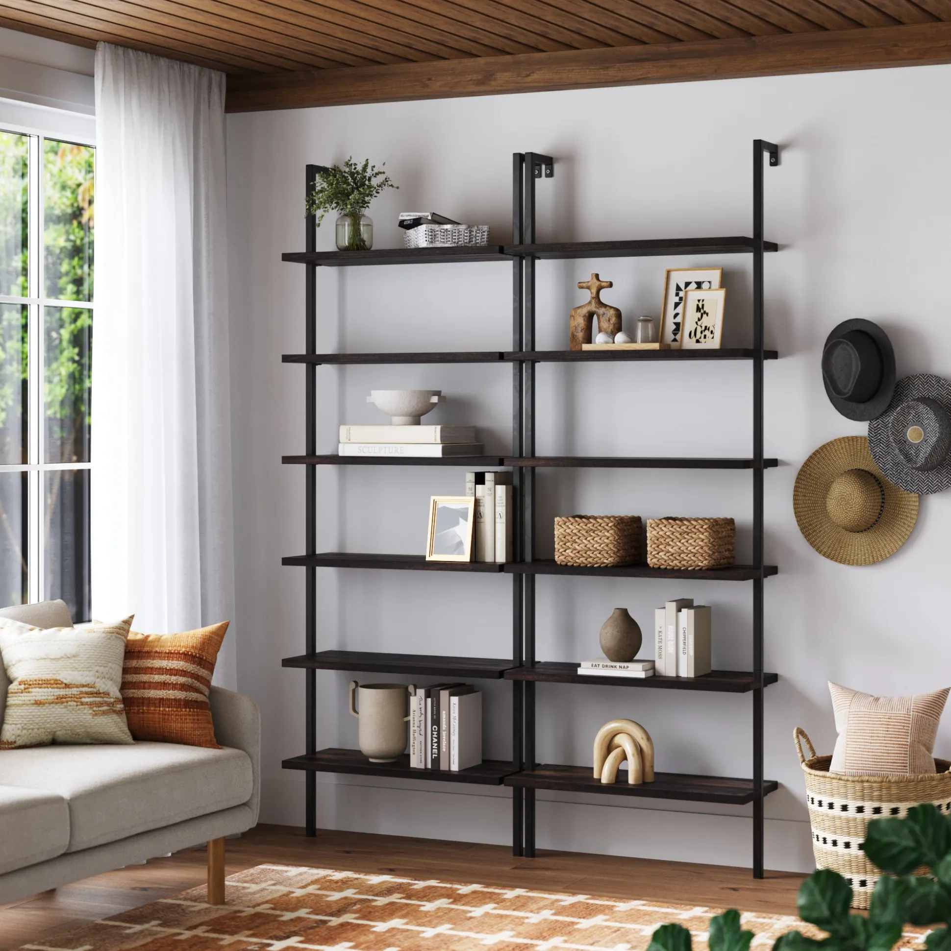 6-Shelf Bookcase Nutmeg Matte Black (Set of 2)